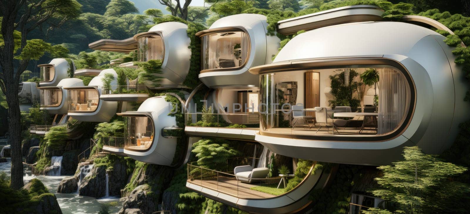 Life-giving nature around compact capsule houses.