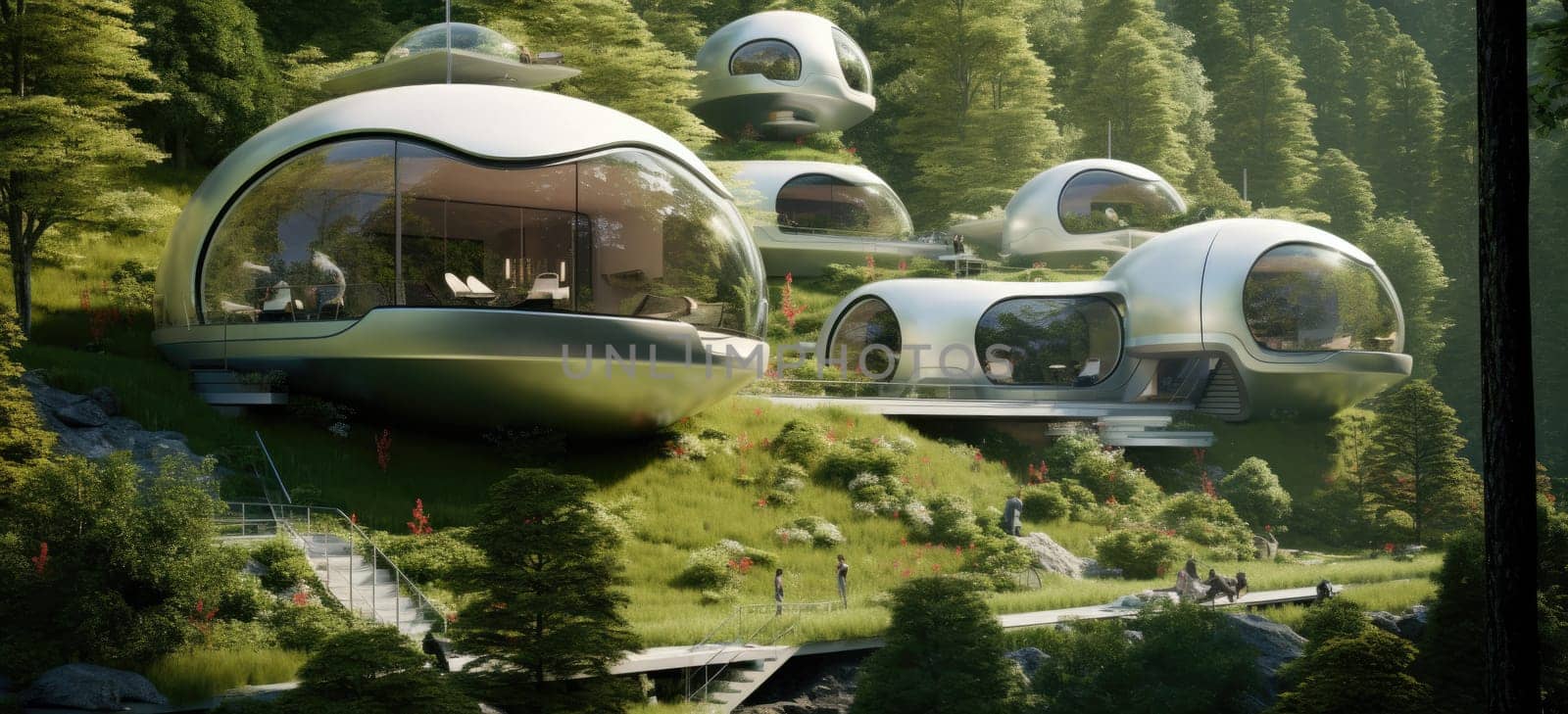 Life-giving nature around compact capsule houses.