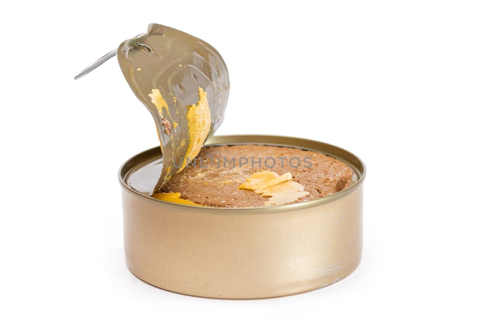 Opened Tin Can with Chicken Liver Pate Isolated on White Background. Open Canned Pate - Isolation