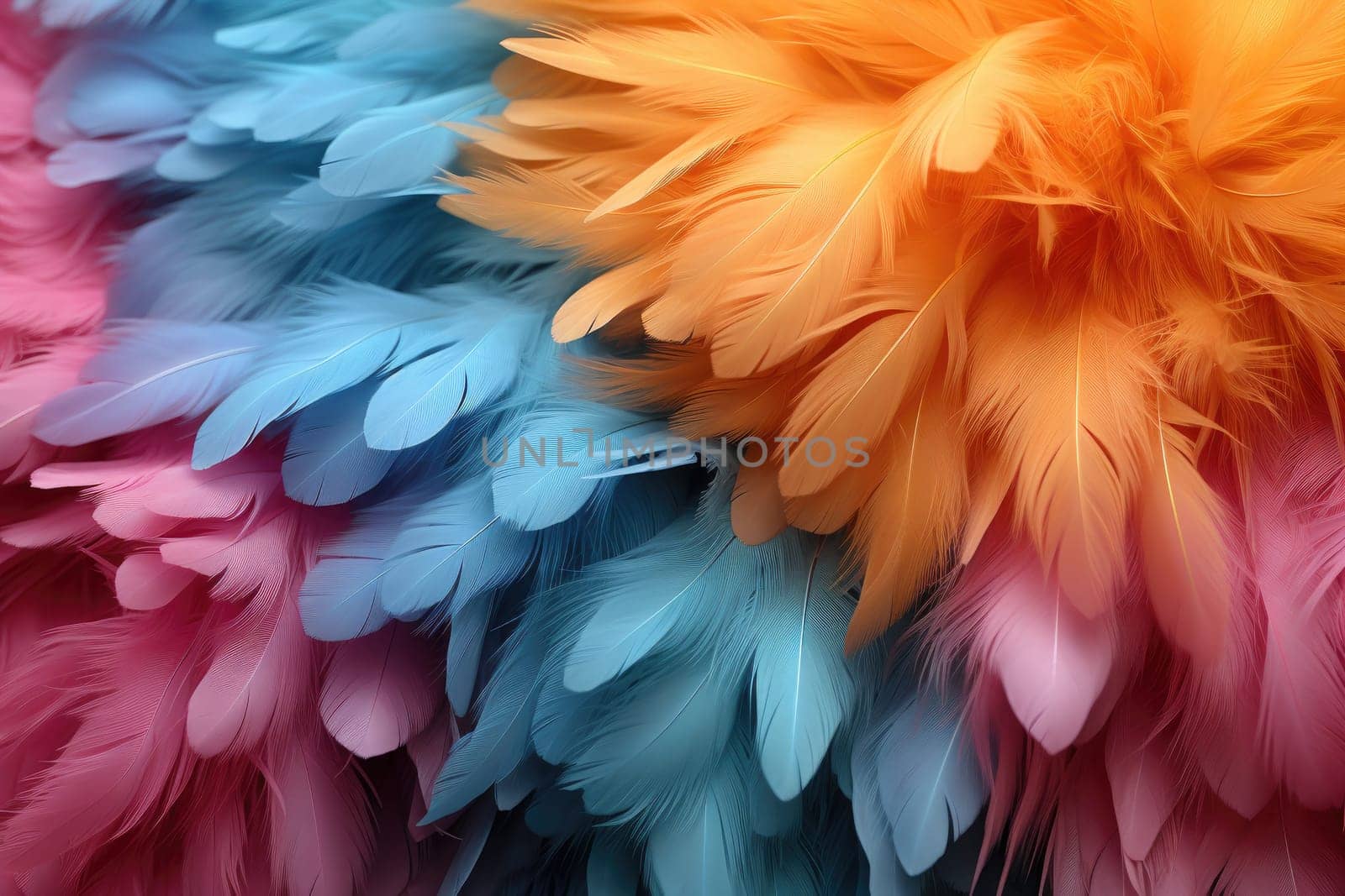 Illustration of abstract texture with bright large feathers of various birds.