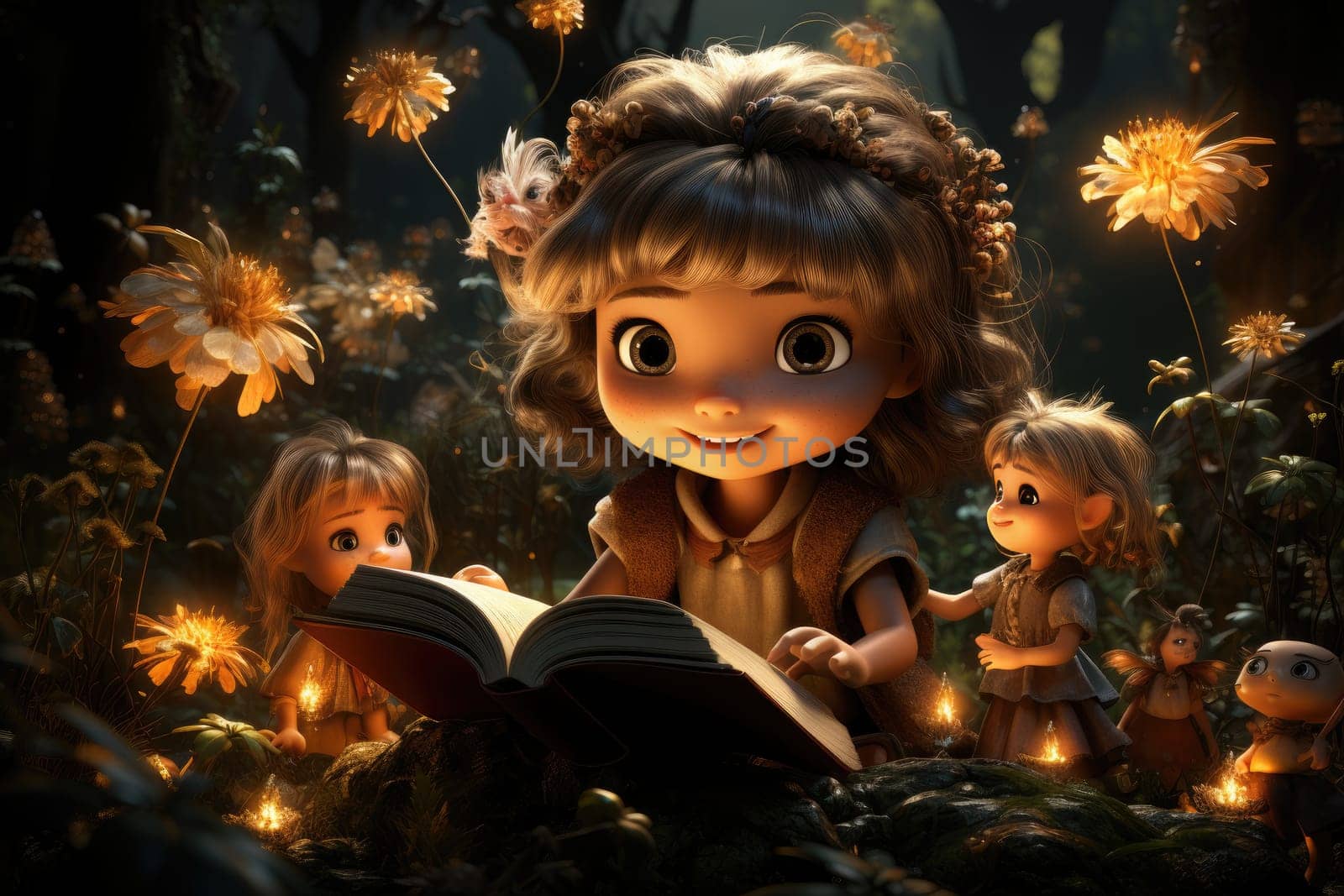 The drawing depicts beautiful fairies surrounded by an amazingly beautiful magical forest. They gathered around the book of wisdom, studying its pages and immersing themselves in the world of knowledge.