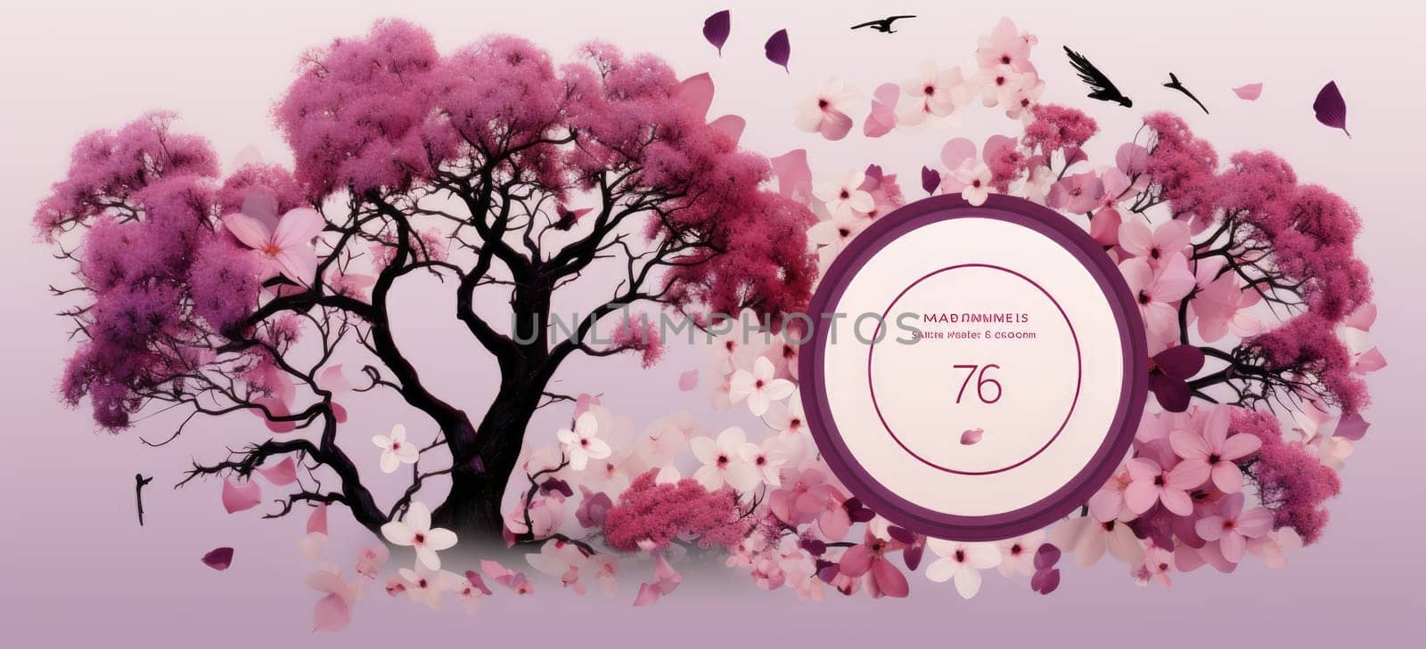 Greeting card template with family tree collage in delicate purple and pink tones