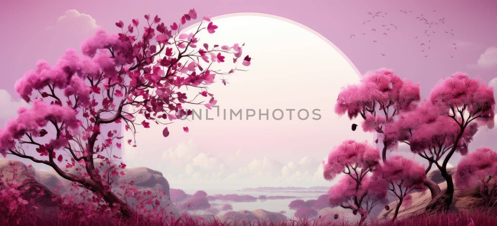 This beautiful postcard features a family tree in purple and pink tones