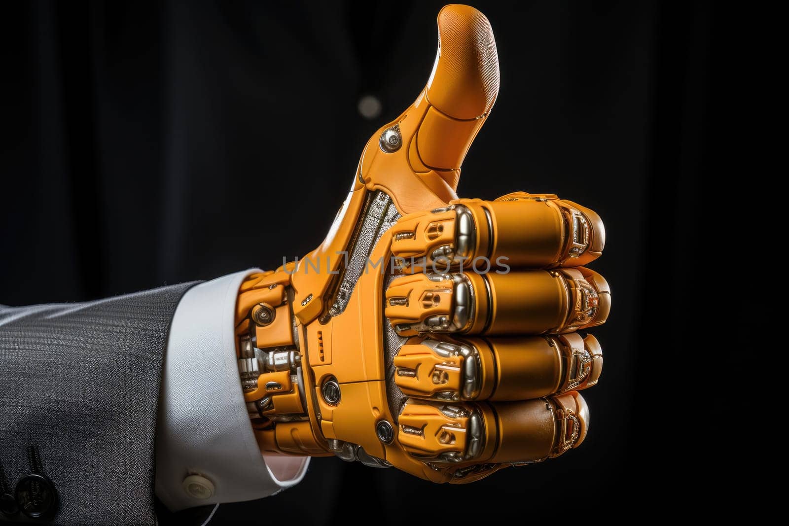 Modern AI Robot Hand With Gesture Of Recognition - Thumbs Up. The future becomes a reality before our eyes