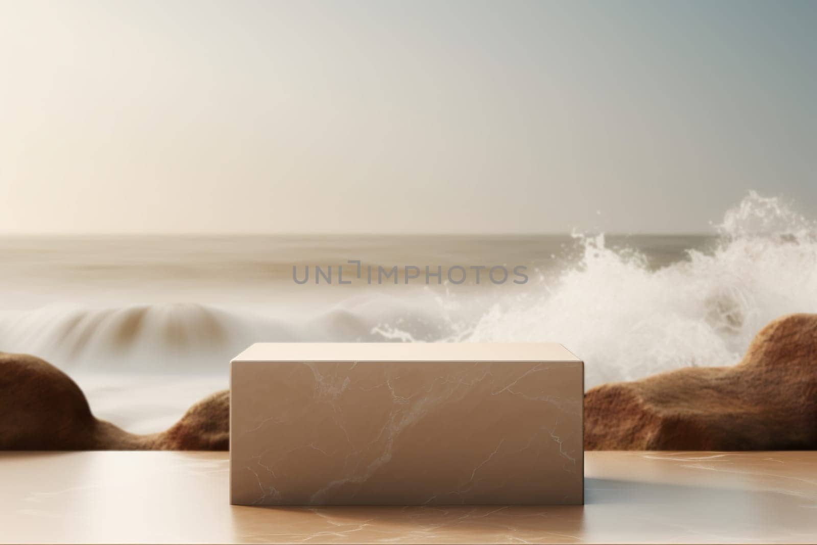 Beige podium with water splashes and ocean on the background. Mock up for product presentation. Platform for beauty products. Empty scene. Stage, display. Podium with copy space. Generative AI. by creativebird