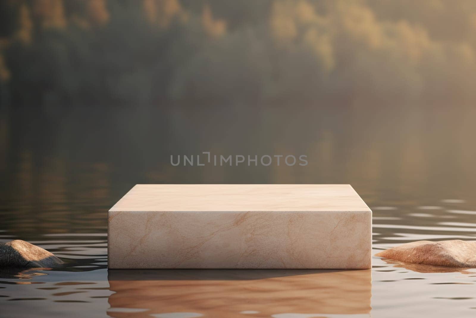 Beige stone podium standing in water. Mock up for product, cosmetic presentation. Pedestal or platform for beauty products. Empty scene. Stage, display showcase. Podium with copy space. Generative AI