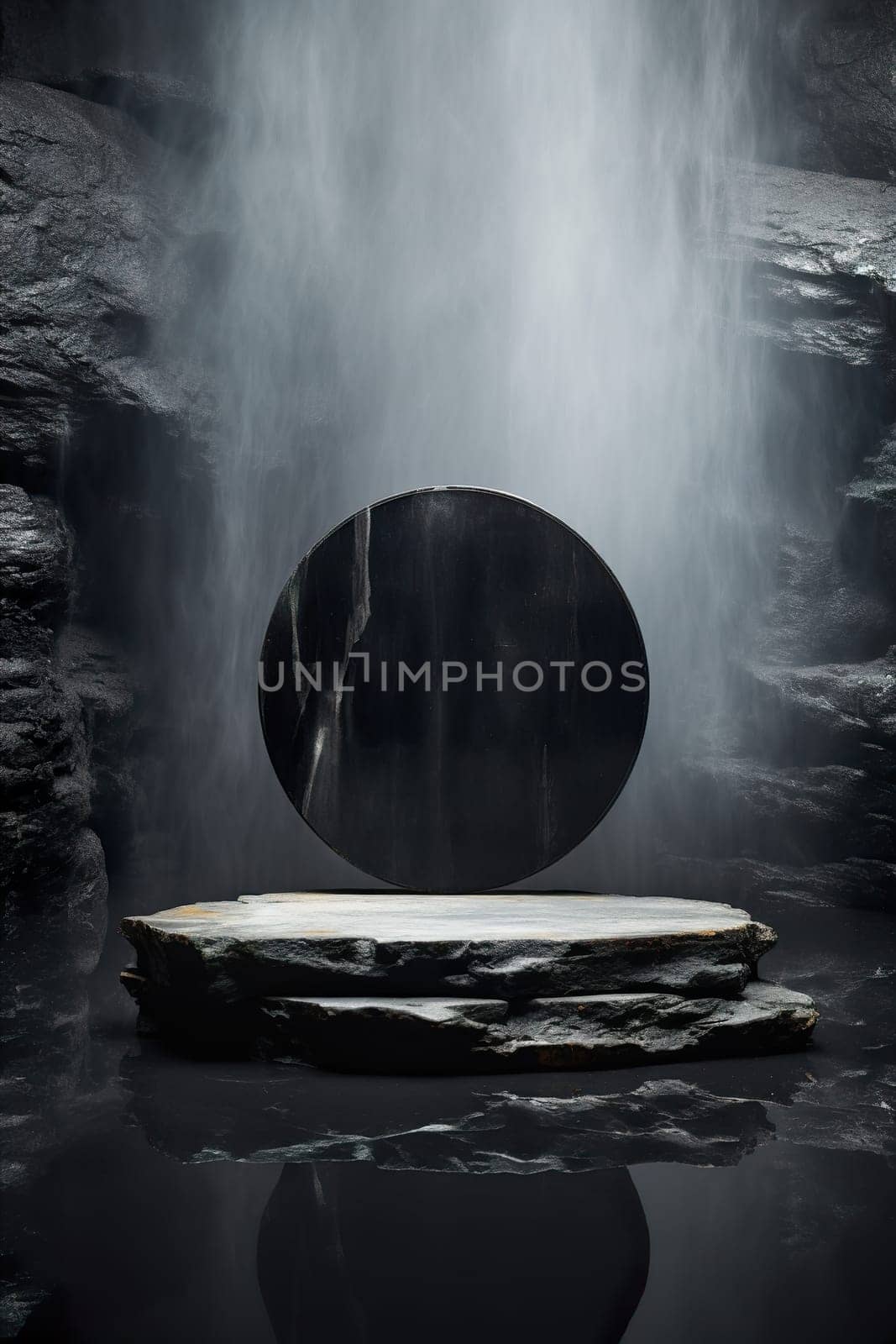 An enigmatic black stone podium with copy space, set in a mystical cavern atmosphere with misty air and dark rock textures reflected in still water, ideal for dramatic product displays. Generative AI. by creativebird