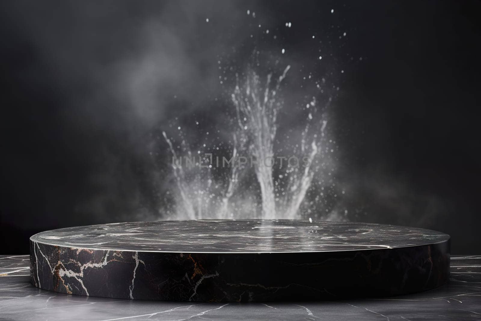 Black marble podium with water splashes. Mock up for product presentation. Pedestal or platform for beauty products. Empty scene. Stage, display, showcase. Podium with copy space. Generative AI