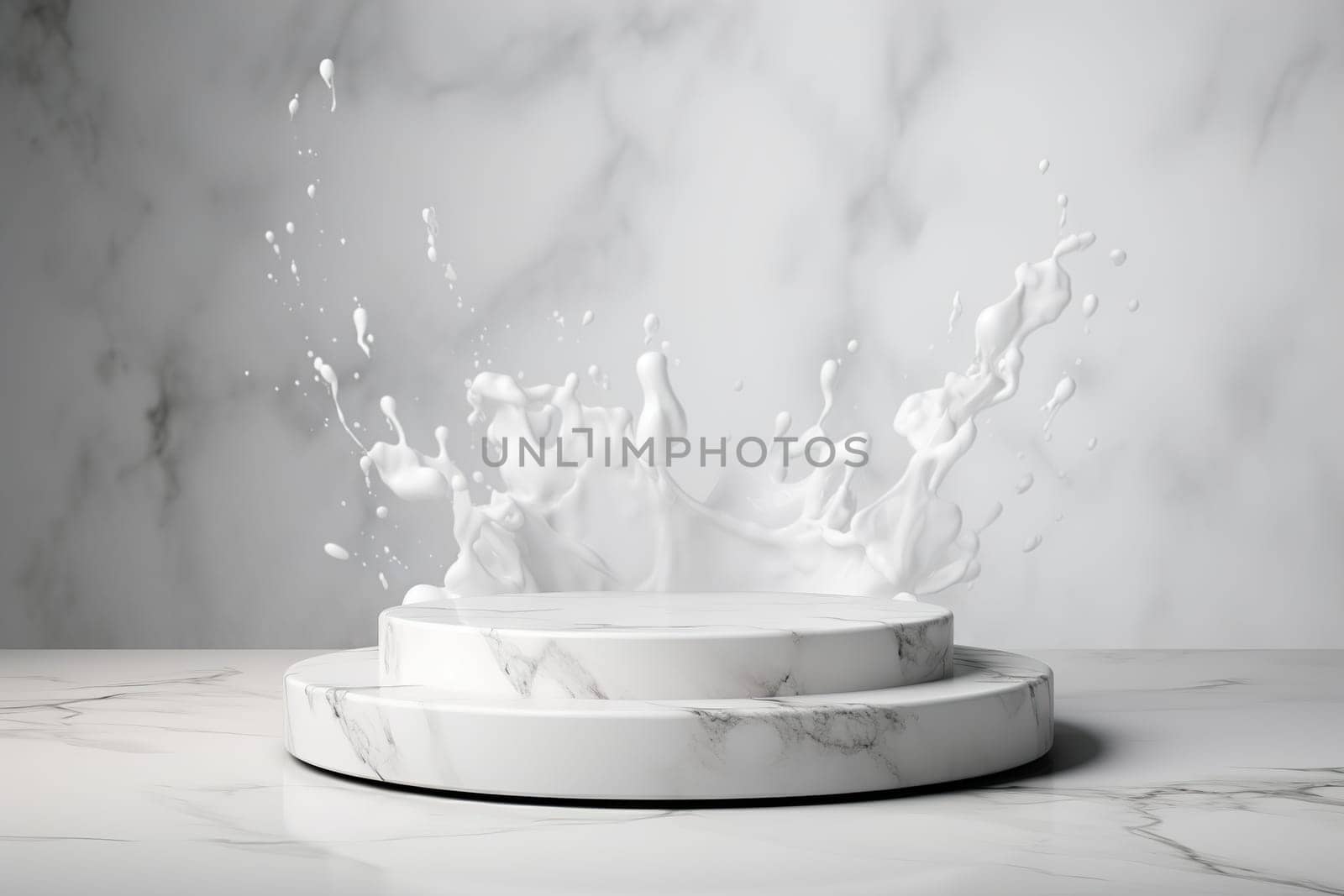 Marble podium with white splashes. Mock up for product, cosmetic presentation. Pedestal or platform for beauty products. Empty scene. Stage, display, showcase. Podium with copy space. Generative AI. by creativebird