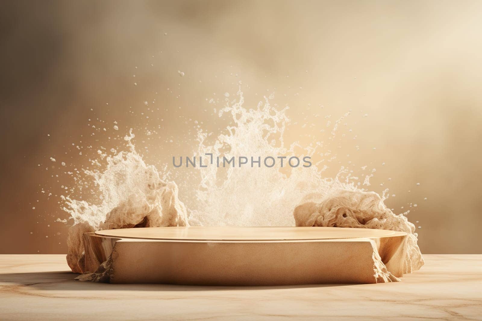 Beige podium with water splashes. Mock up for product, cosmetic presentation. Pedestal or platform for beauty products. Empty scene. Stage, display, showcase. Podium with copy space. Generative AI. by creativebird