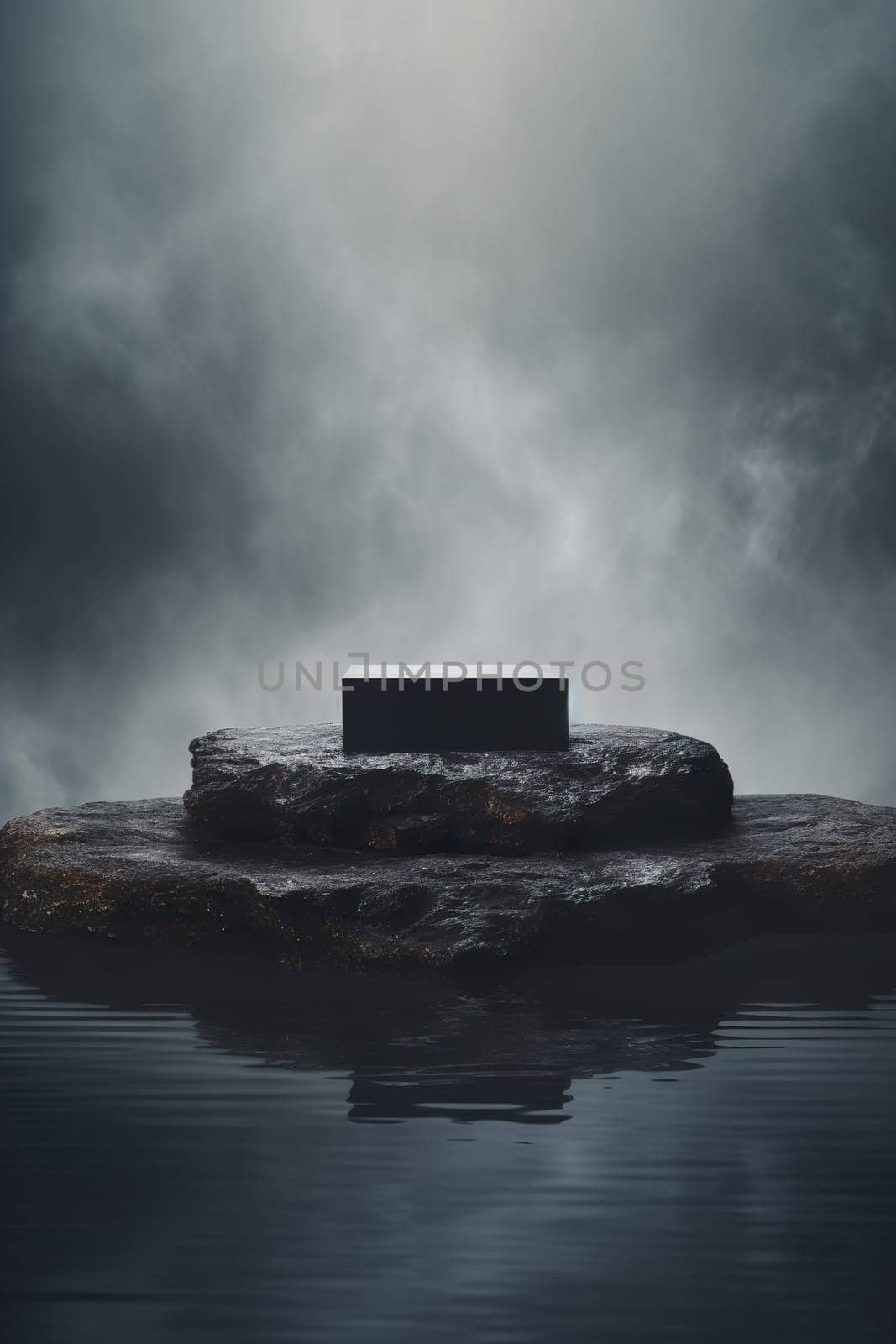 A dramatic black podium on a rugged rock in misty waters, perfect for showcasing high-end products with a sense of mystery and luxury. Display, stage with copy space. Generative AI. by creativebird