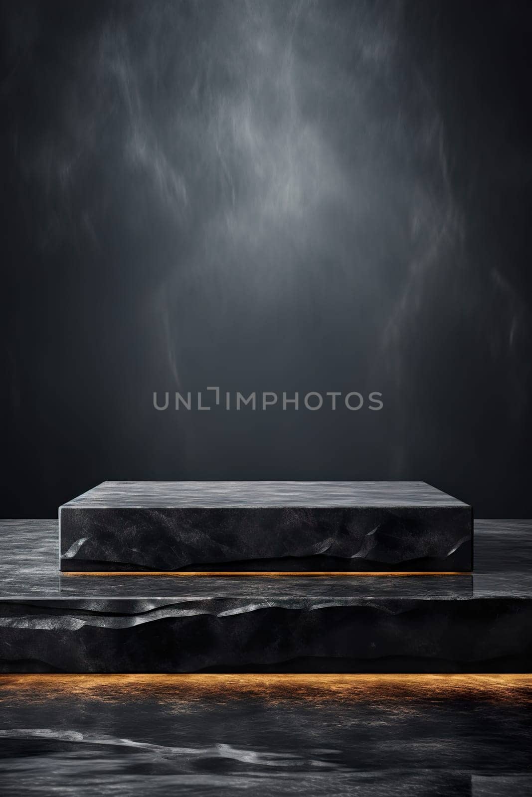 Sleek black marble podium with copy space, set against a dynamic backdrop of swirling mist and reflective dark water, perfect for highlighting luxury products with a dramatic edge. Generative AI. by creativebird