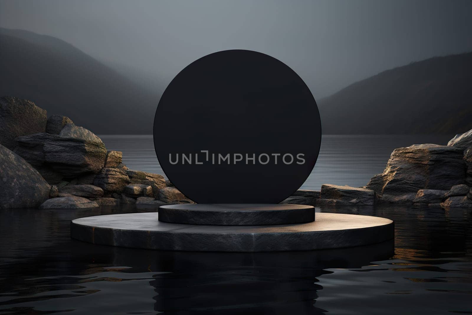 Black stone podium standing in water. Mock up for product, cosmetic presentation. Pedestal or platform for beauty products. Empty scene. Stage, display, showcase. Podium with copy space. Generative AI. by creativebird