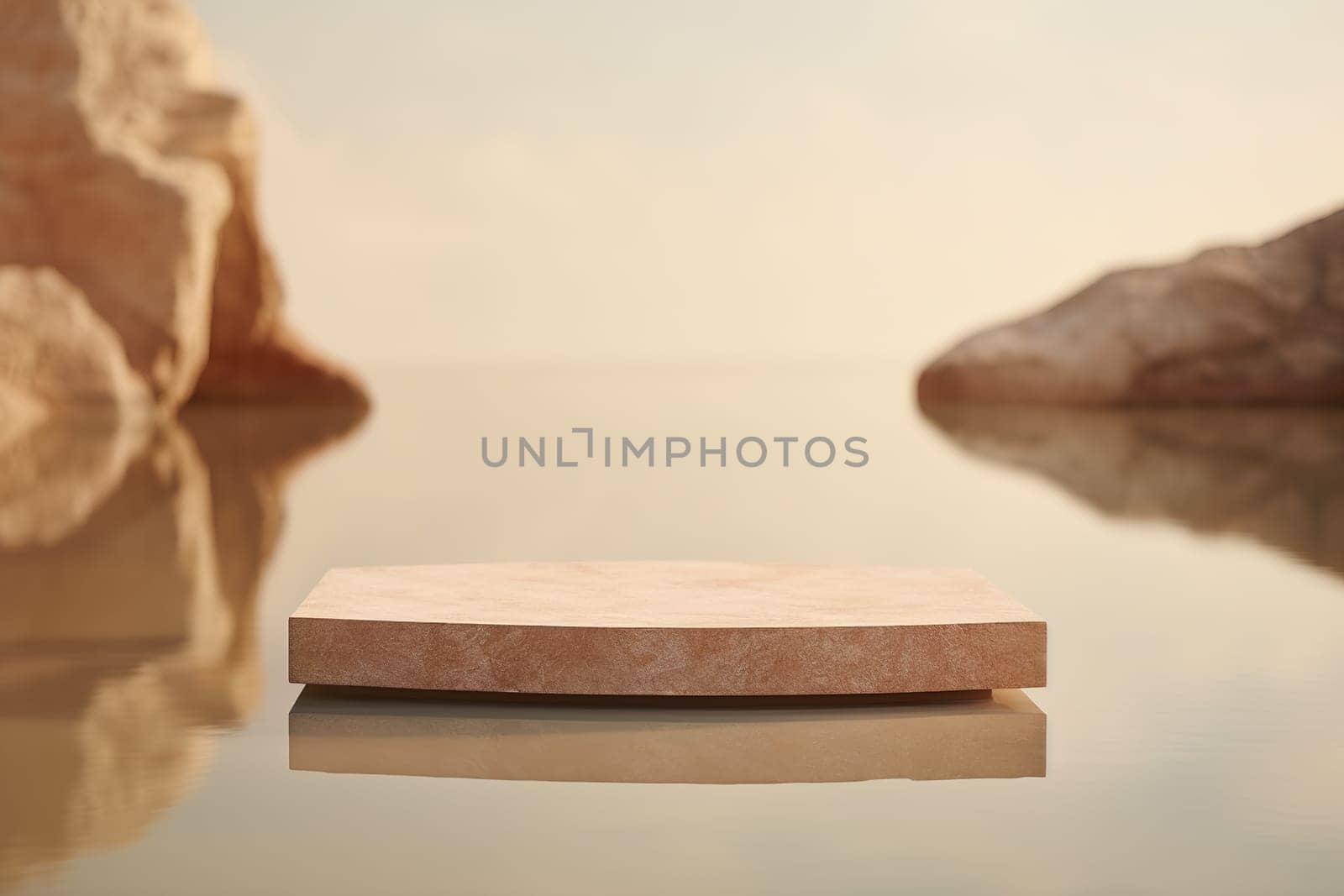 Beige stone podium standing in water. Mock up for product, cosmetic presentation. Pedestal or platform for beauty products. Empty scene. Stage, display, showcase. Podium with copy space. Generative AI by creativebird