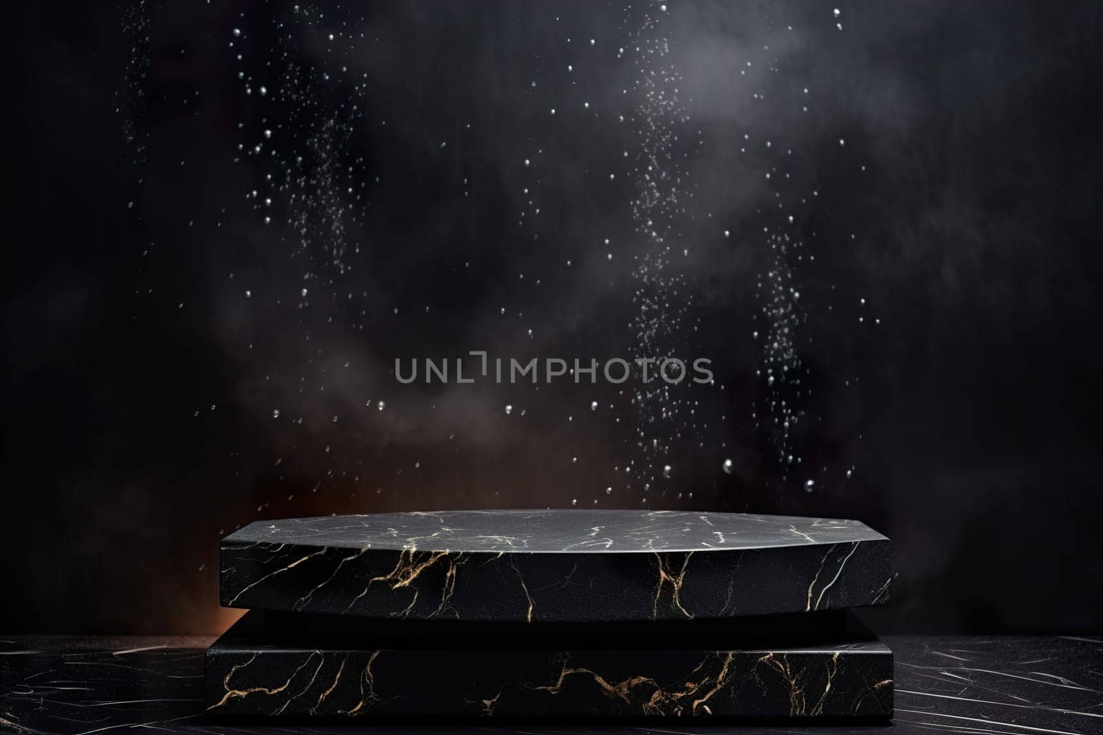Black marble podium with water splashes. Mock up for product presentation. Pedestal or platform for beauty products. Empty scene. Stage, display, showcase. Podium with copy space. Generative AI. by creativebird
