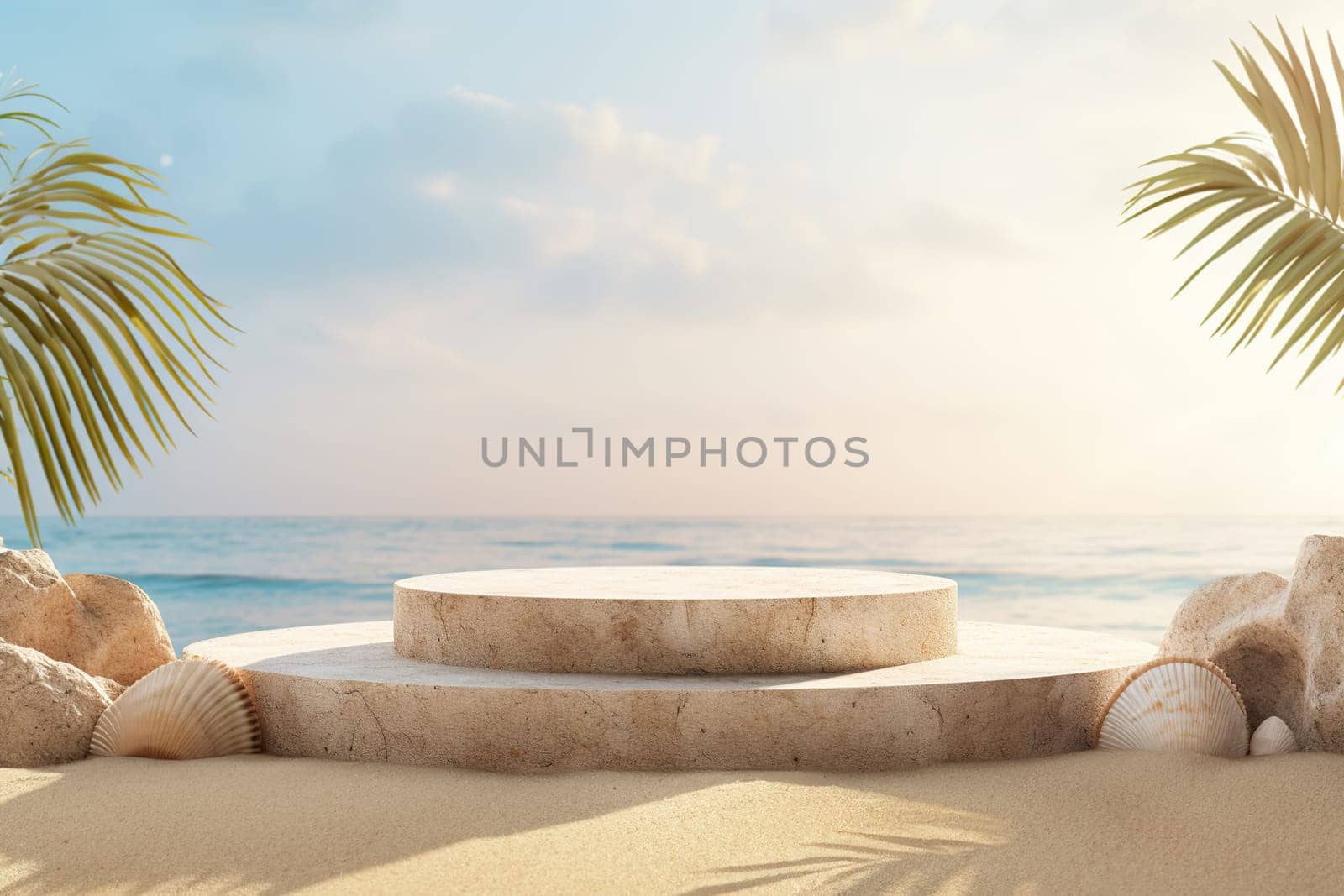 Beach-inspired product display with a beige podium, surrounded by an assortment of seashells, against a serene ocean and sky backdrop, perfect for showcasing summer items. Generative AI. by creativebird