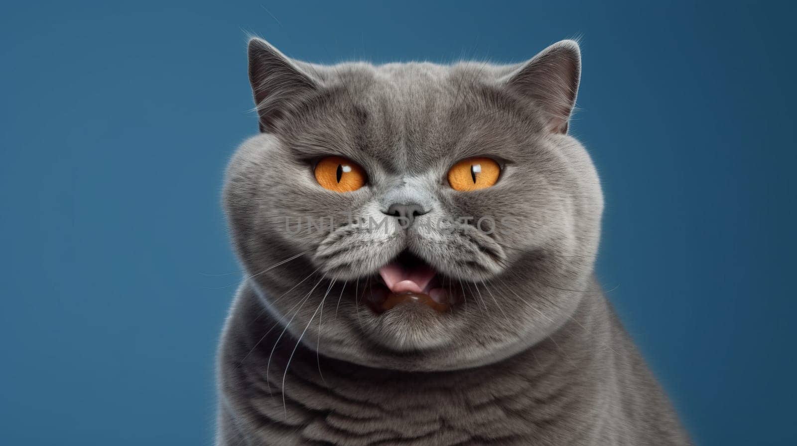 Funny portrait of happy smiling gray cat with opened mouth on Isolated blue background, look at camera.