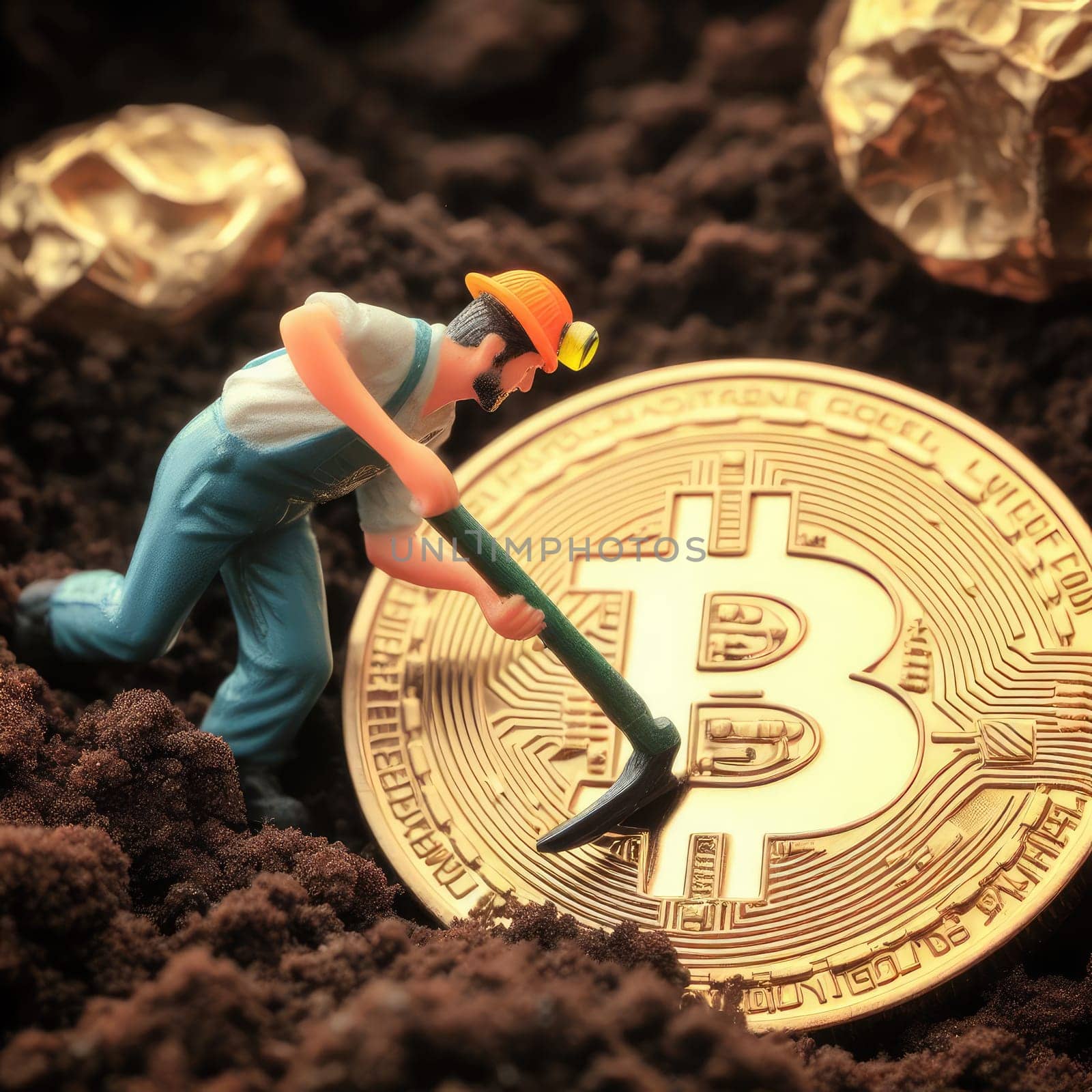 Environmental, Social and Governance. Renewable Cryptocurrency Mining. Miner figurines digging ground to uncover big Gold bitcoin. Eco-friendly cryptocurrencies.