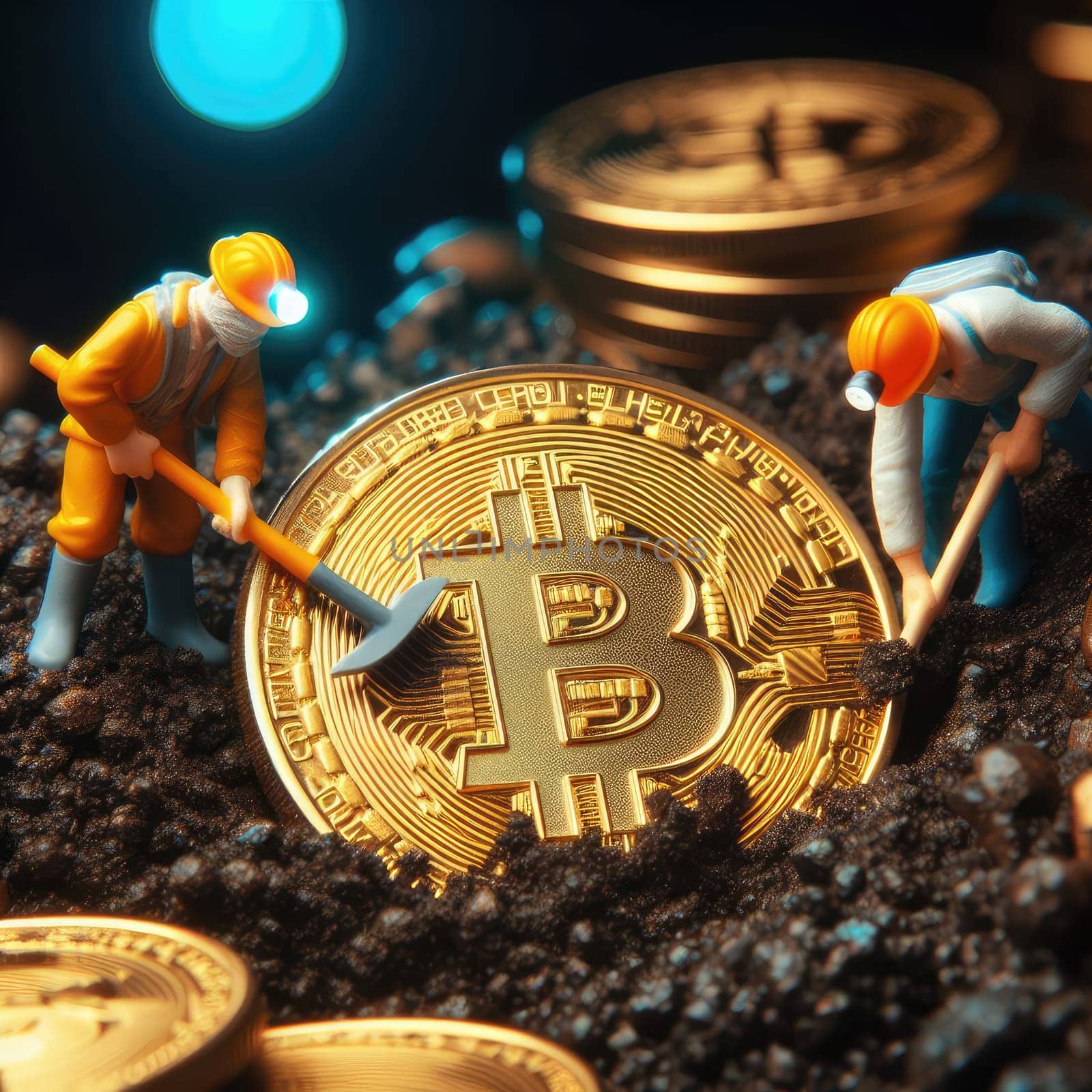 Environmental, Social and Governance. Renewable Cryptocurrency Mining. Miner figurines digging ground to uncover big Gold bitcoin. Eco-friendly cryptocurrencies.