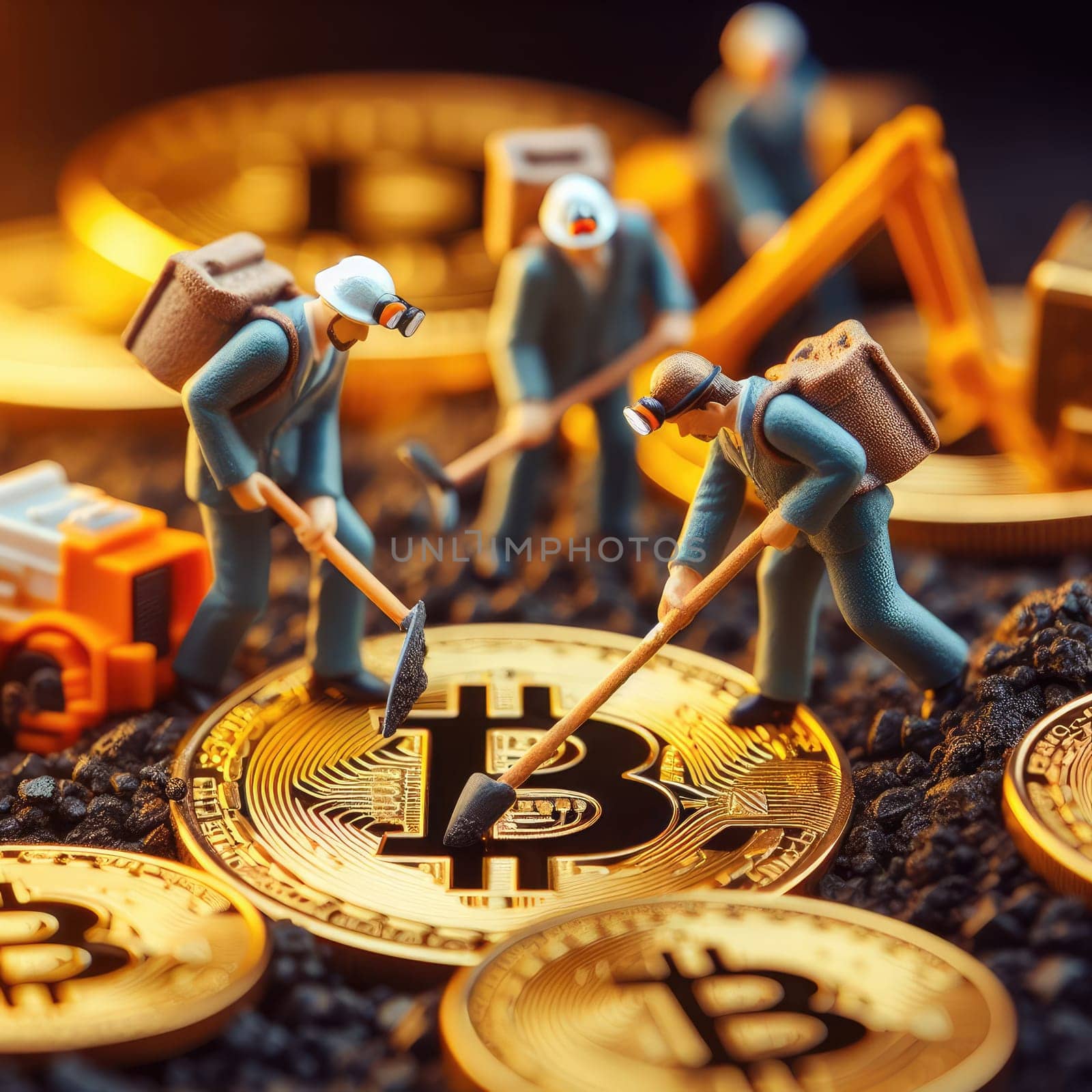 Environmental, Social and Governance. Renewable Cryptocurrency Mining. Miner figurines digging ground to uncover big Gold bitcoin. Eco-friendly cryptocurrencies.