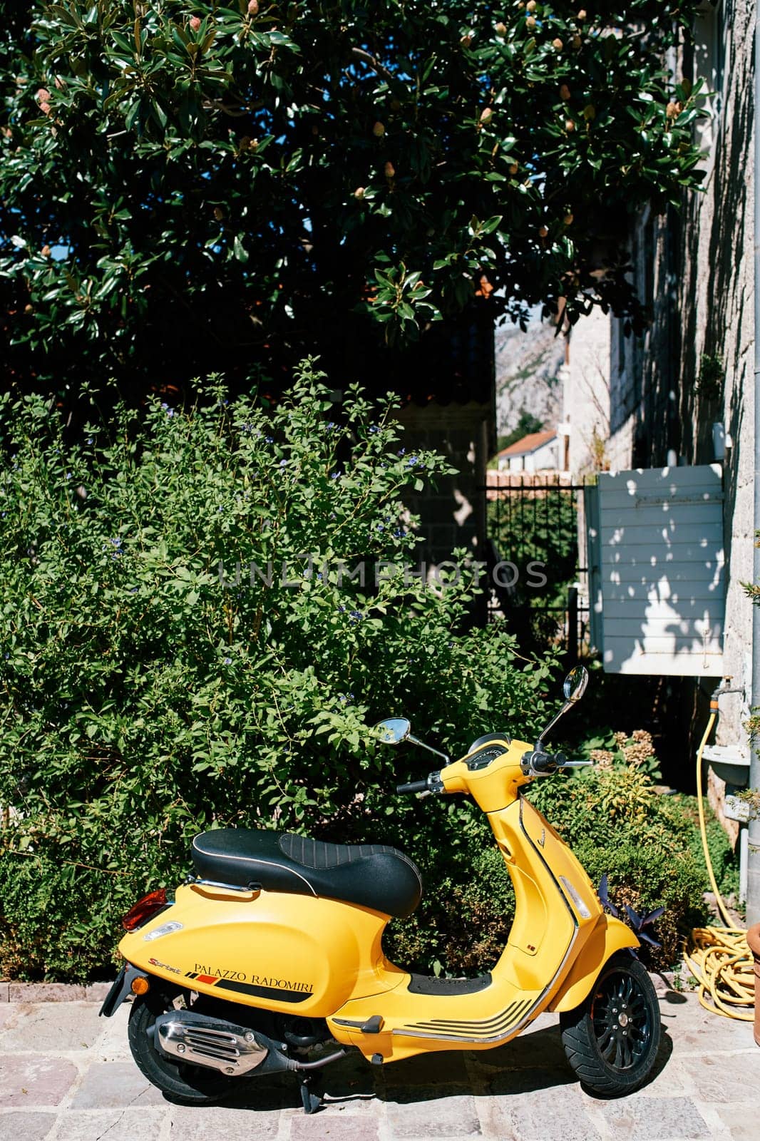 Yellow motor scooter stands near a green bush near an old house with wooden open shutters by Nadtochiy