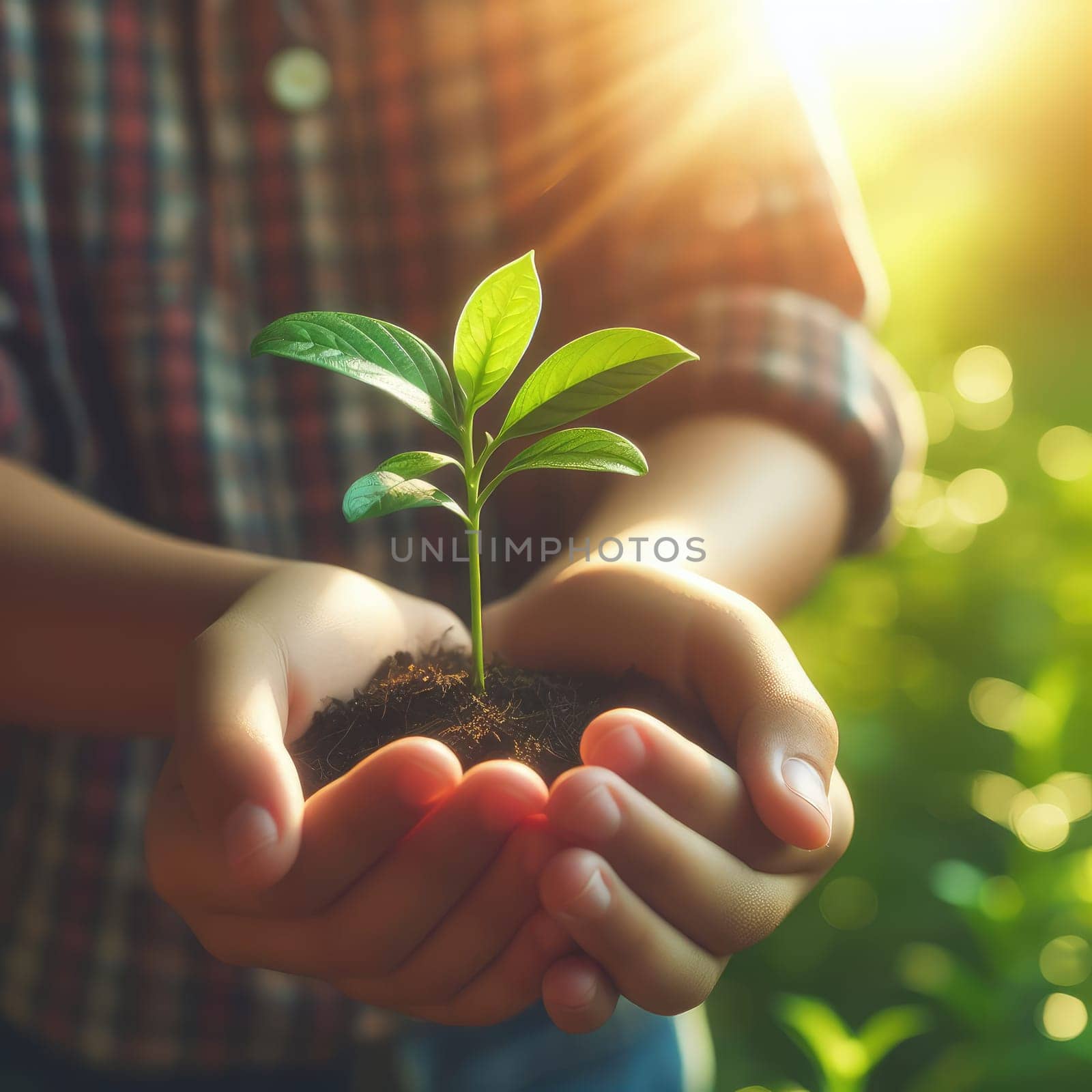 Small Plant Into The Ground - Hands Planting Young Tree With Sunlight And Flare Effect.