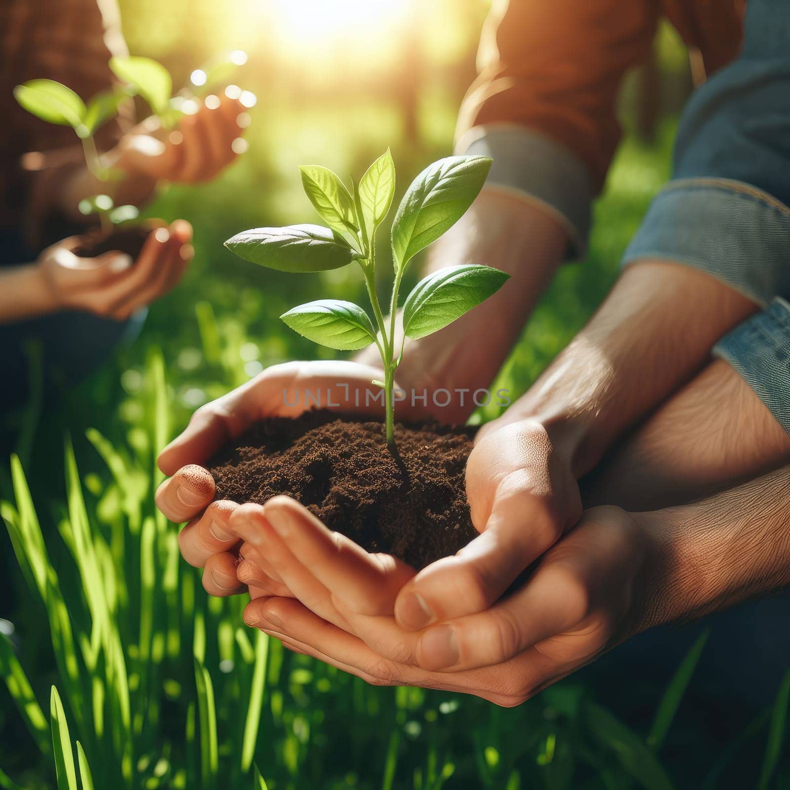 Small Plant Into The Ground - Hands Planting Young Tree With Sunlight And Flare Effect.