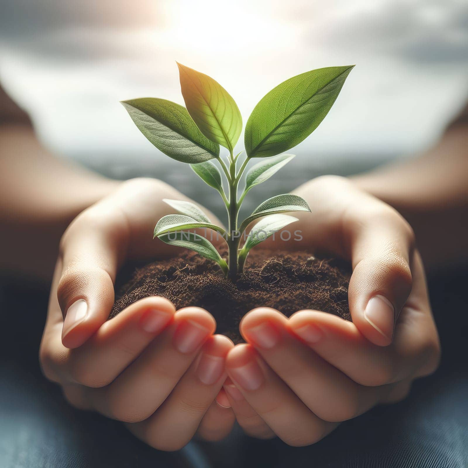 Small Plant Into The Ground - Hands Planting Young Tree With Sunlight And Flare Effect.