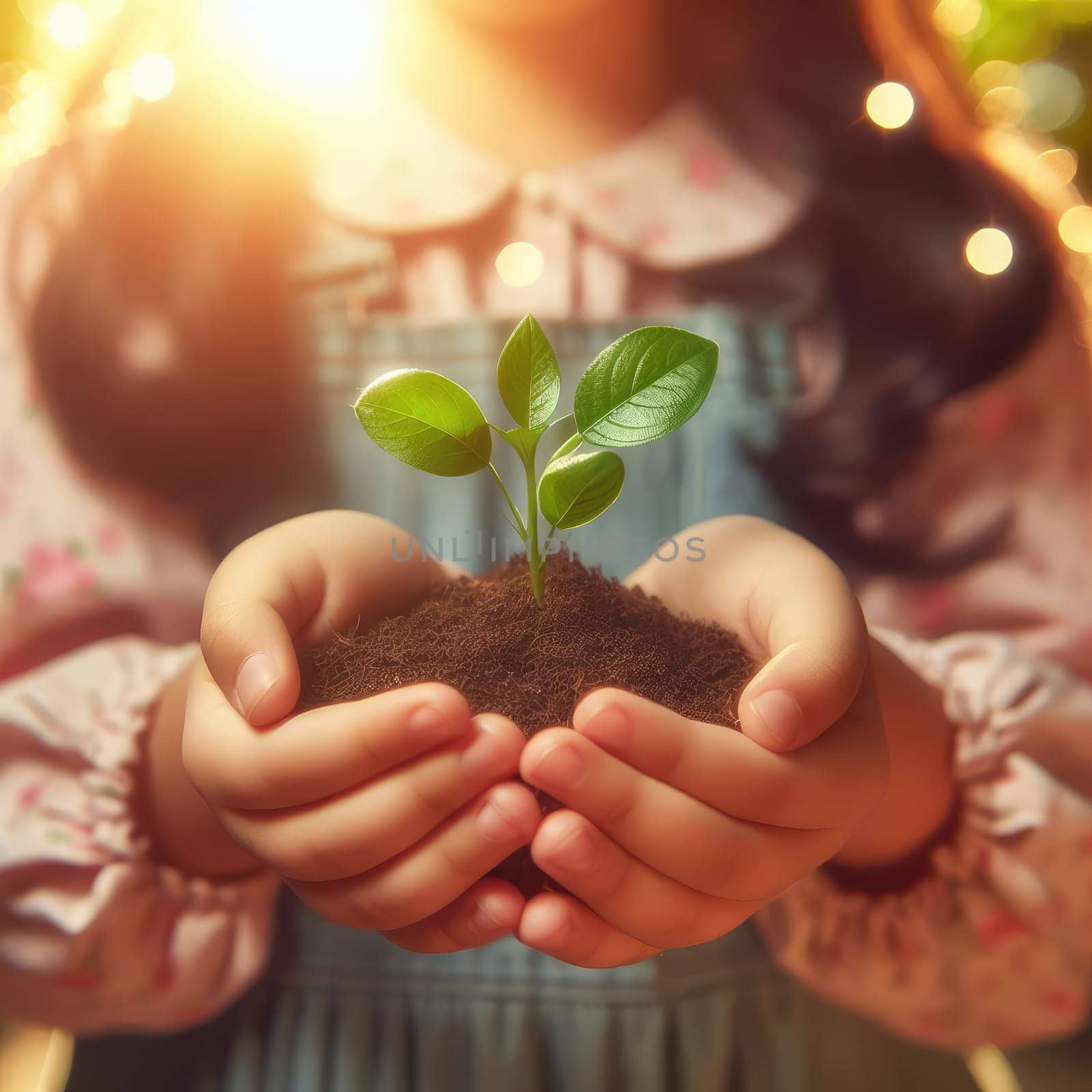 Small Plant Into The Ground - Hands Planting Young Tree With Sunlight And Flare Effect.