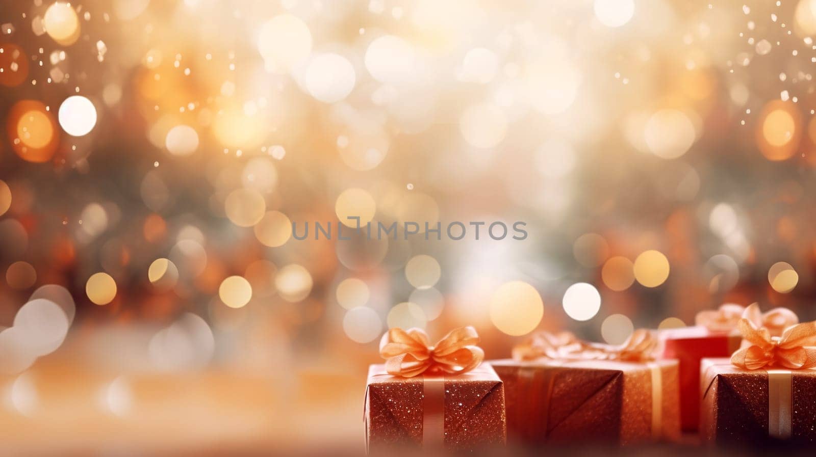 Christmas gift box shining gold in front of abstract glitter confetti bokeh background - AI Generative