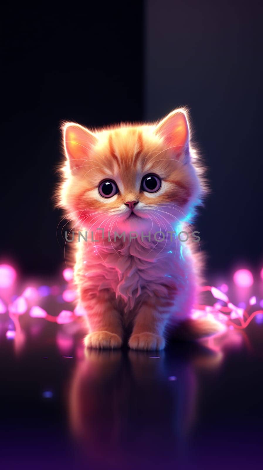 Adorable kitten against black background with neon lights - Generative AI by chrisroll