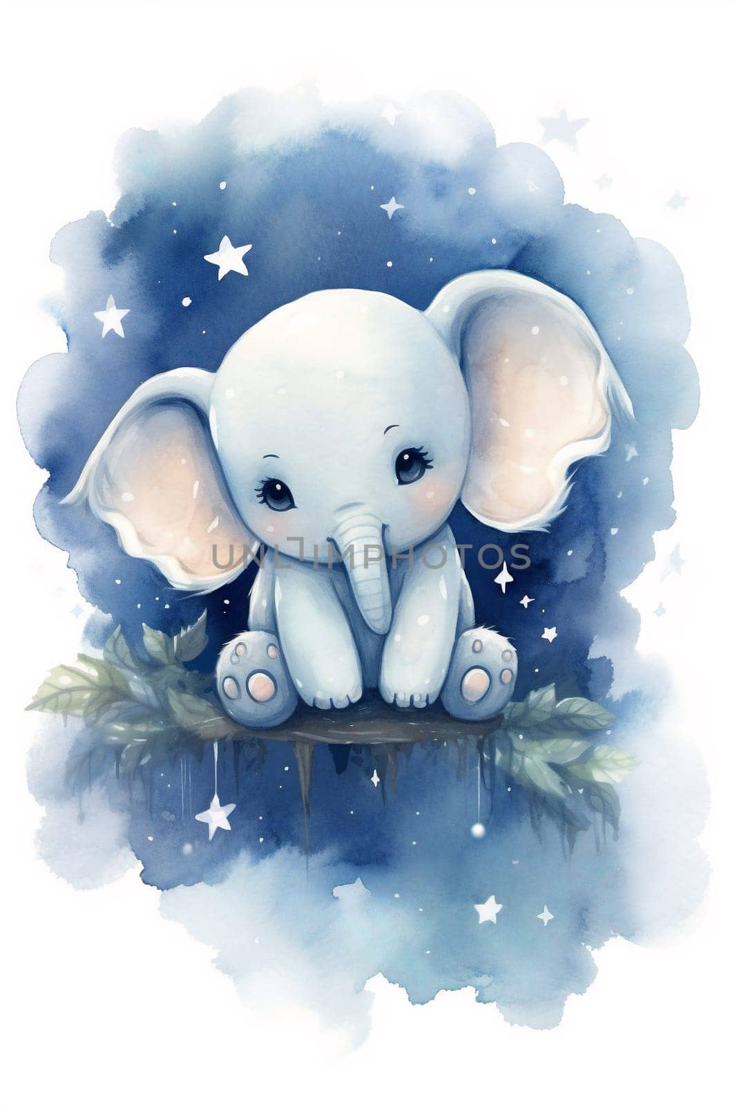 delicate watercolor painting of a baby elephant against dreamy starry background - Generative AI by chrisroll