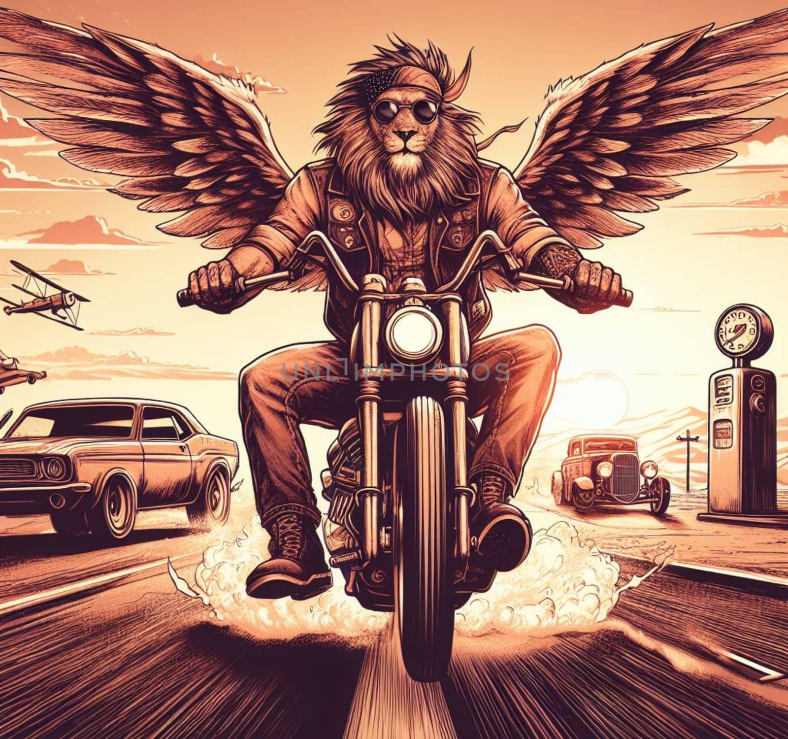 anthropomorhic lion characters gang riding custom bike hotrod on the road wearing leather blue jeans by verbano