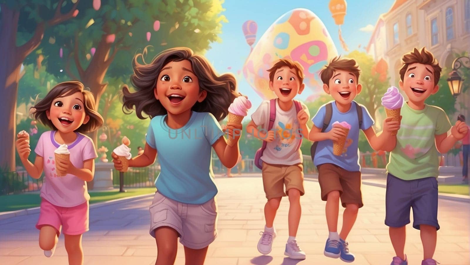 a group of kids , boys and girls, having ice cream gelato cones in a park in summer time ai generated