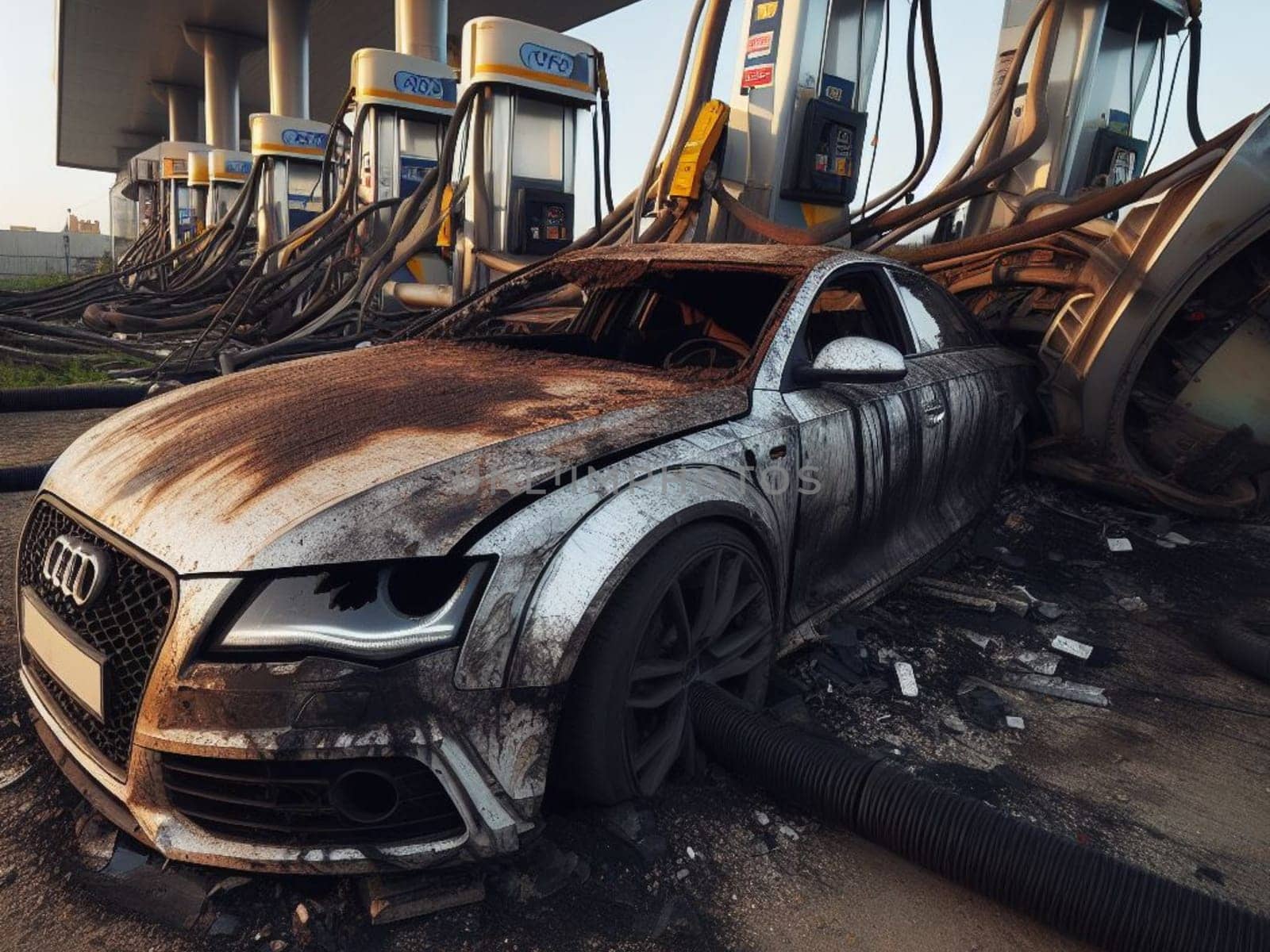 Crashed abandoned rusty expensive luxurious atmospheric 4 door powerful as circulation banned for co2 emission 2030 agenda dystopian concept ai generated