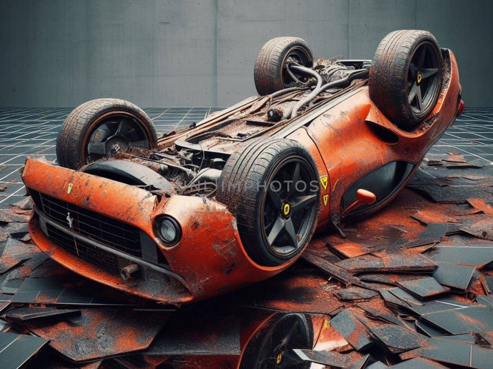 Crashed abandoned rusty expensive atmospheric car as circulation banned for co2 emission 2030 agenda dystopian concept ai generated