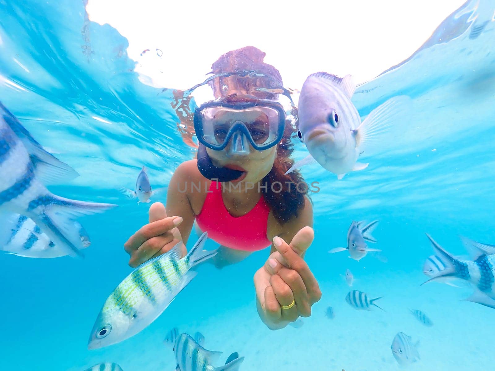Young Asian woman on a snorkeling trip at Samaesan Thailand. dive underwater with fishes in the coral reef sea pool. Travel lifestyle, watersport adventure, swim activity on a summer beach holiday