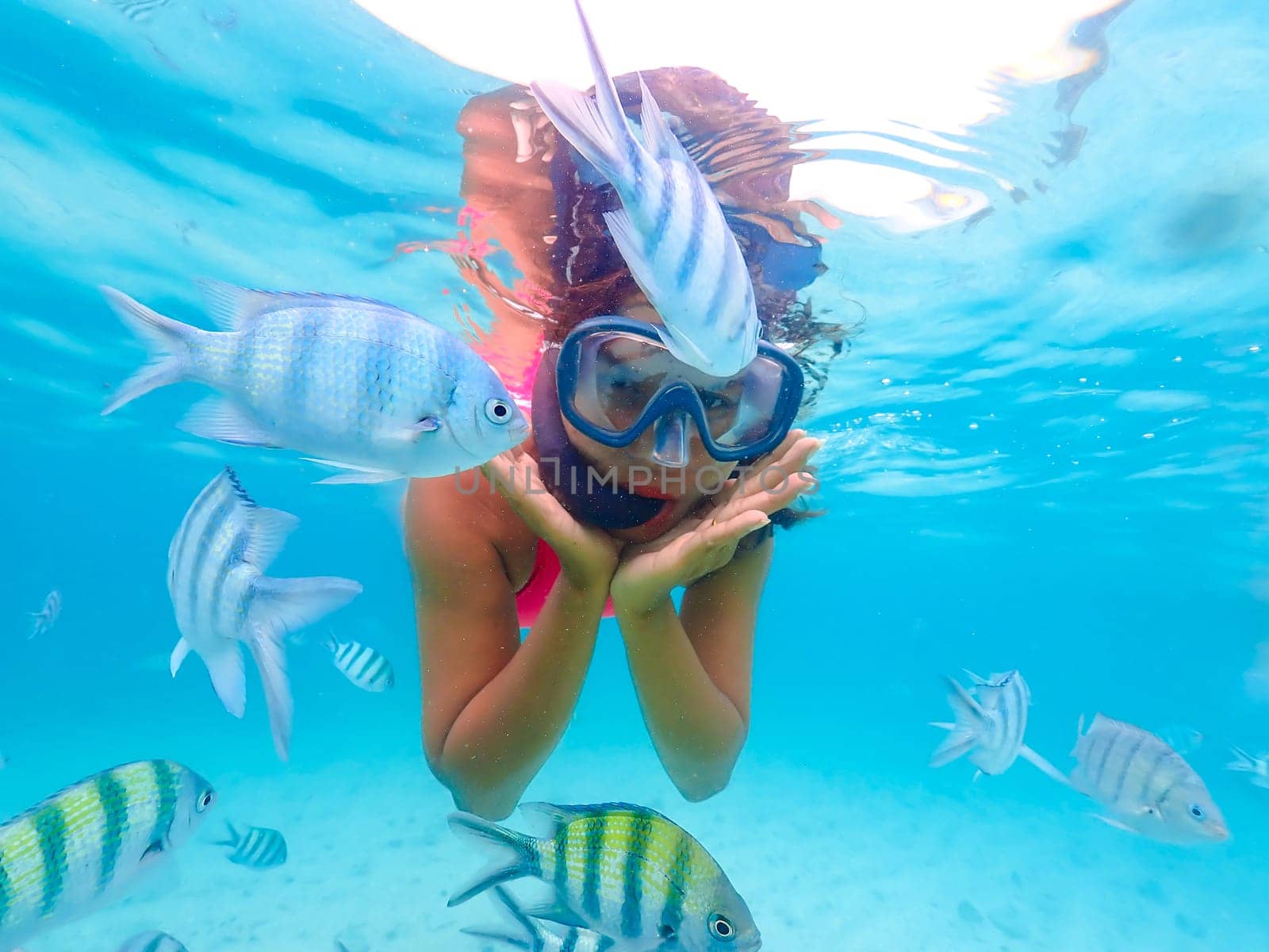 Asian woman on a snorkeling trip at Samaesan Thailand. dive underwater with Nemo Clown fishes in the coral reef sea pool.