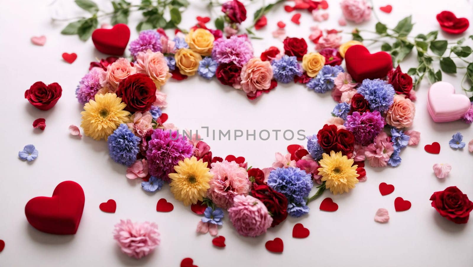Multi-colored composition of hearts and flowers, top view. by Севостьянов