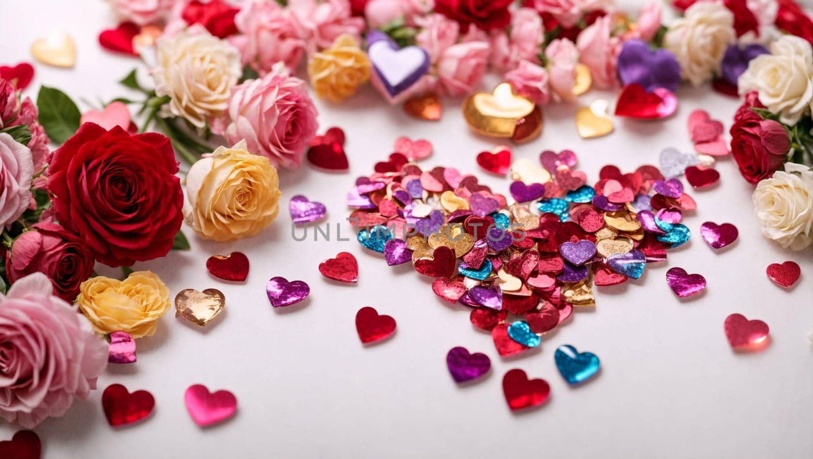 Multi-colored composition of hearts and flowers, top view. Gifts, colorful decorations on a bright white background. Valentine's Day, lovers,concepts,flowers, top view, clear image.