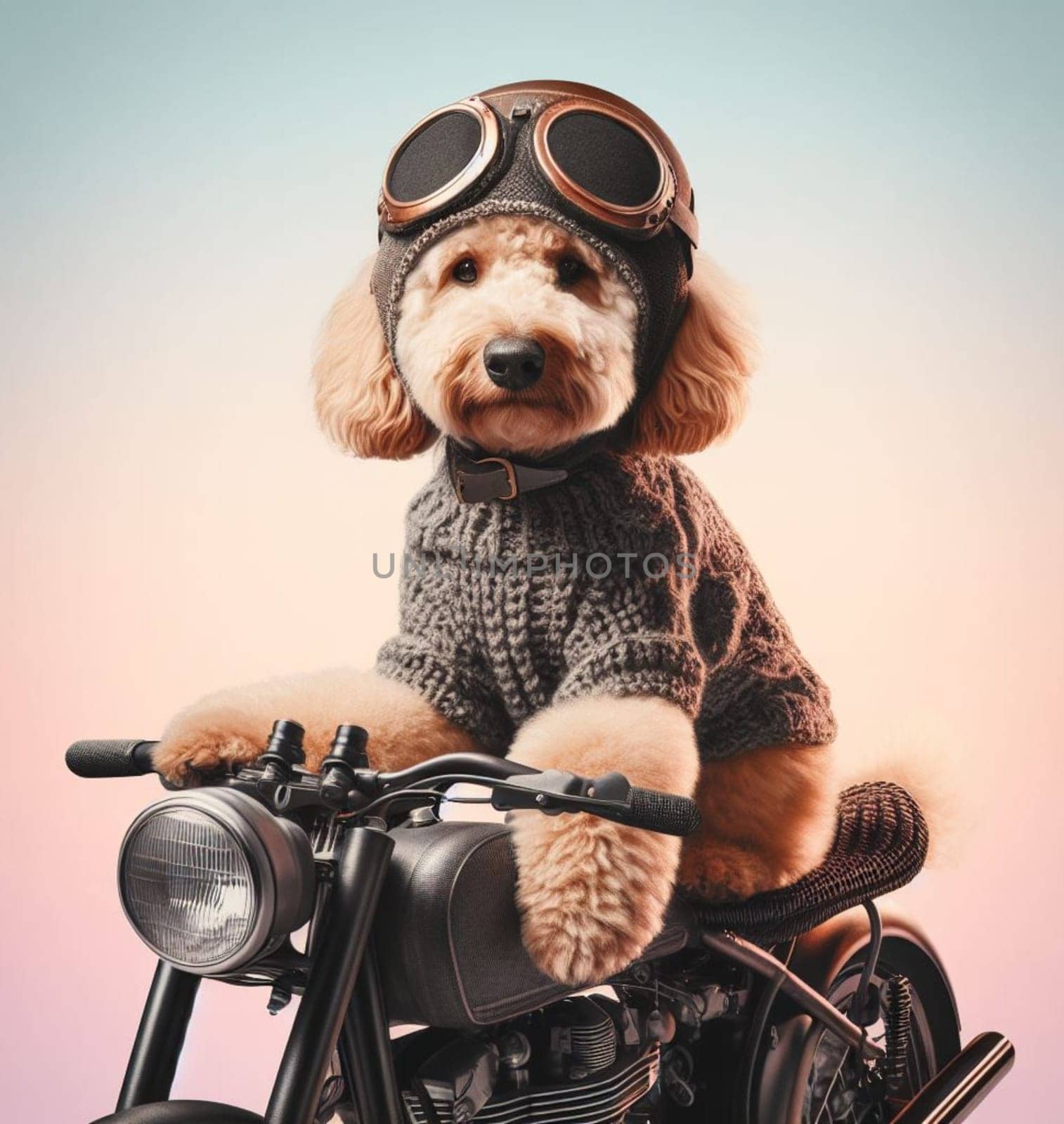 labradoodle portrait riding hot rod steampunk motorcycles wearing ponchos and goggles art ai generated