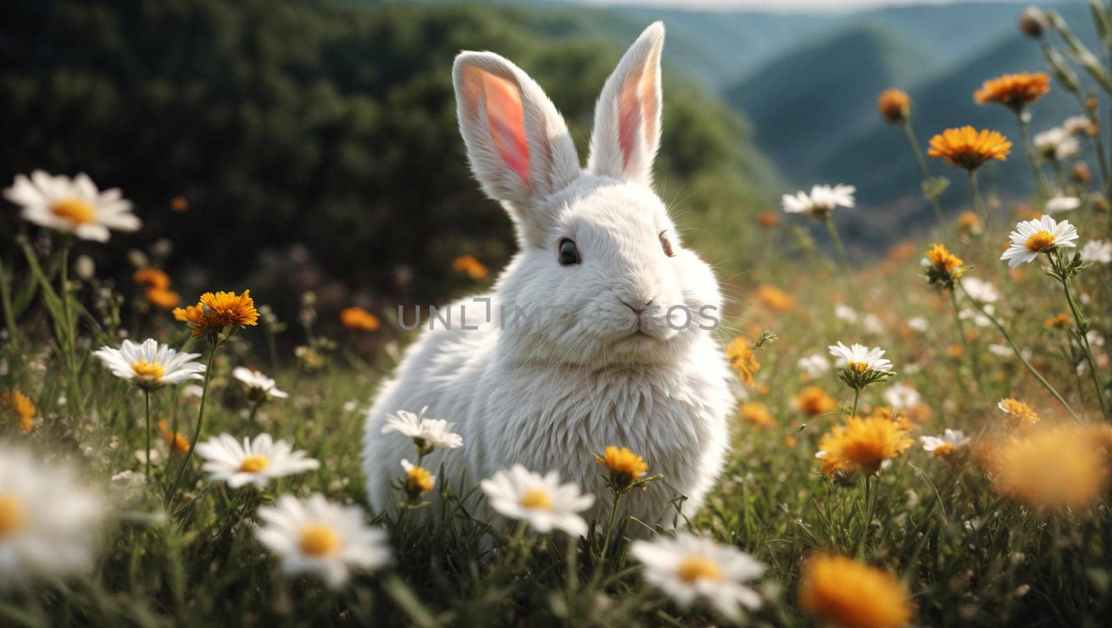 A cute white rabbit is lying in a beautiful summer meadow with flowers
