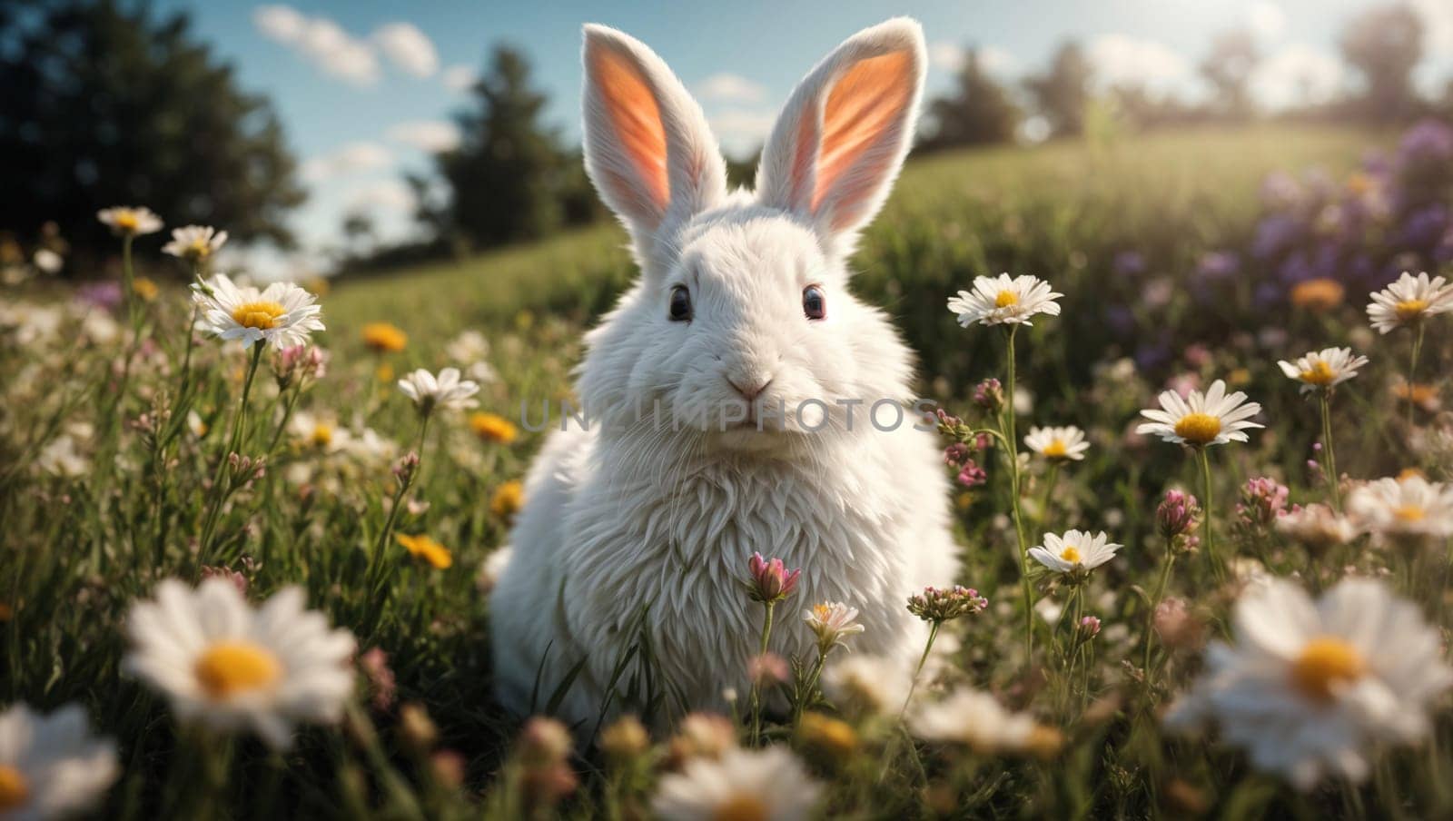 A cute white rabbit is lying in a beautiful summer meadow with flowers