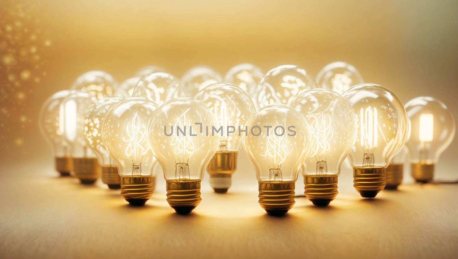 a group of white burning light bulbs standing on a yellow background, volumetric lighting