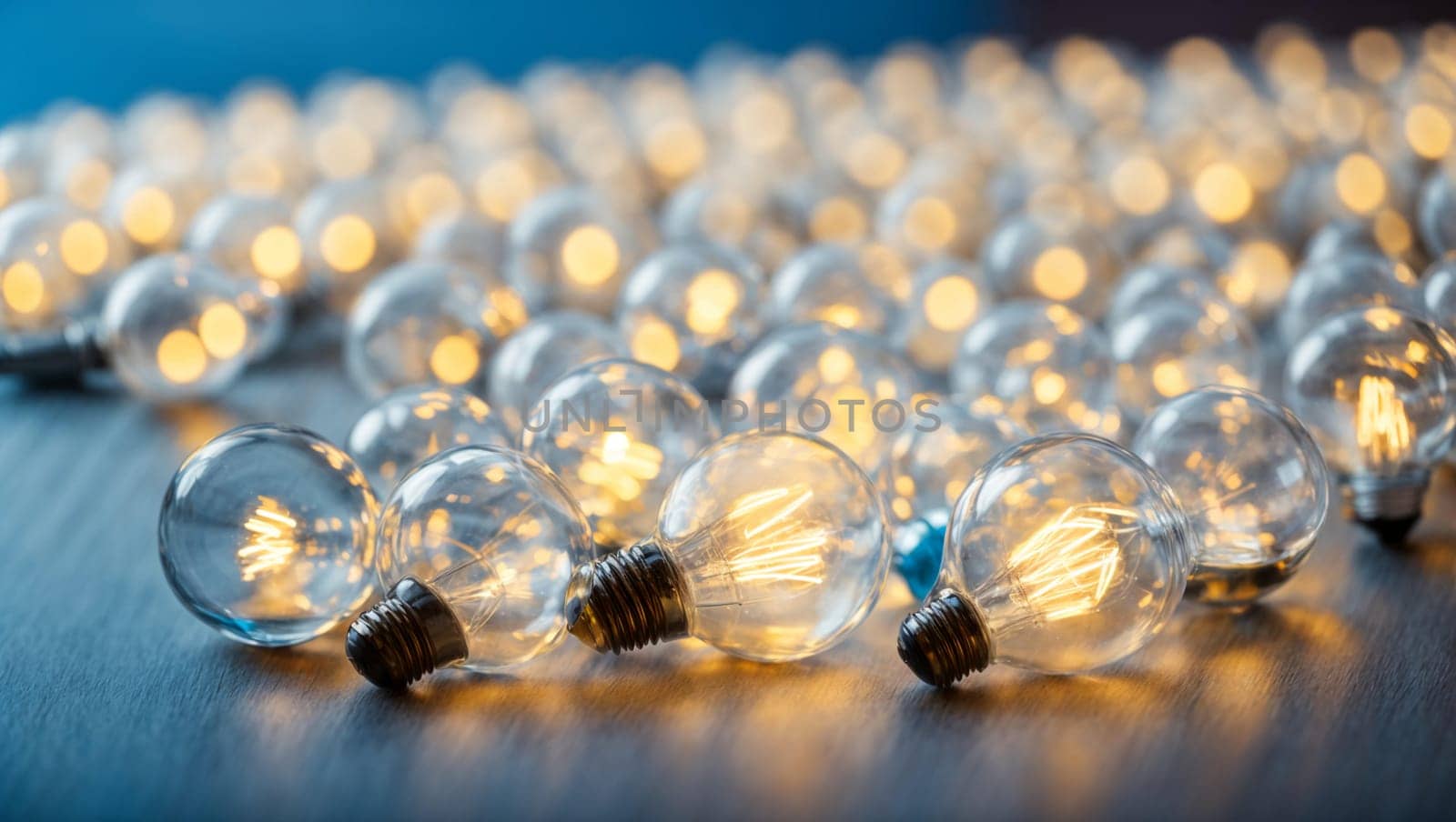 a group of white burning light bulbs lying on a blue background, volumetric lighting