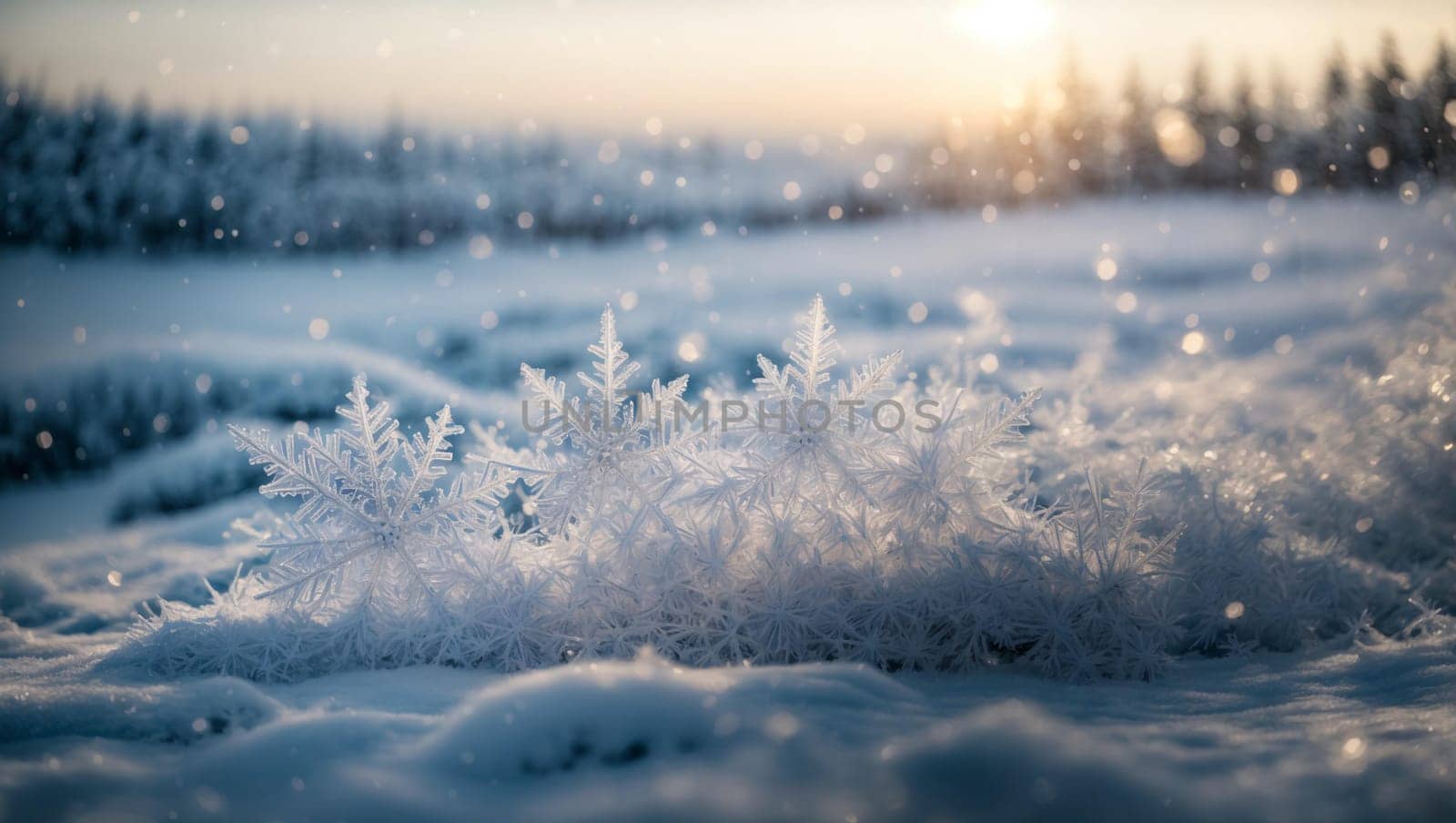 Decorative winter blue background with snowflakes, waves and snow embodies the atmosphere of magic and cold beauty of the winter season. This background embodies the tranquility and purity that are inherent in a winter landscape.