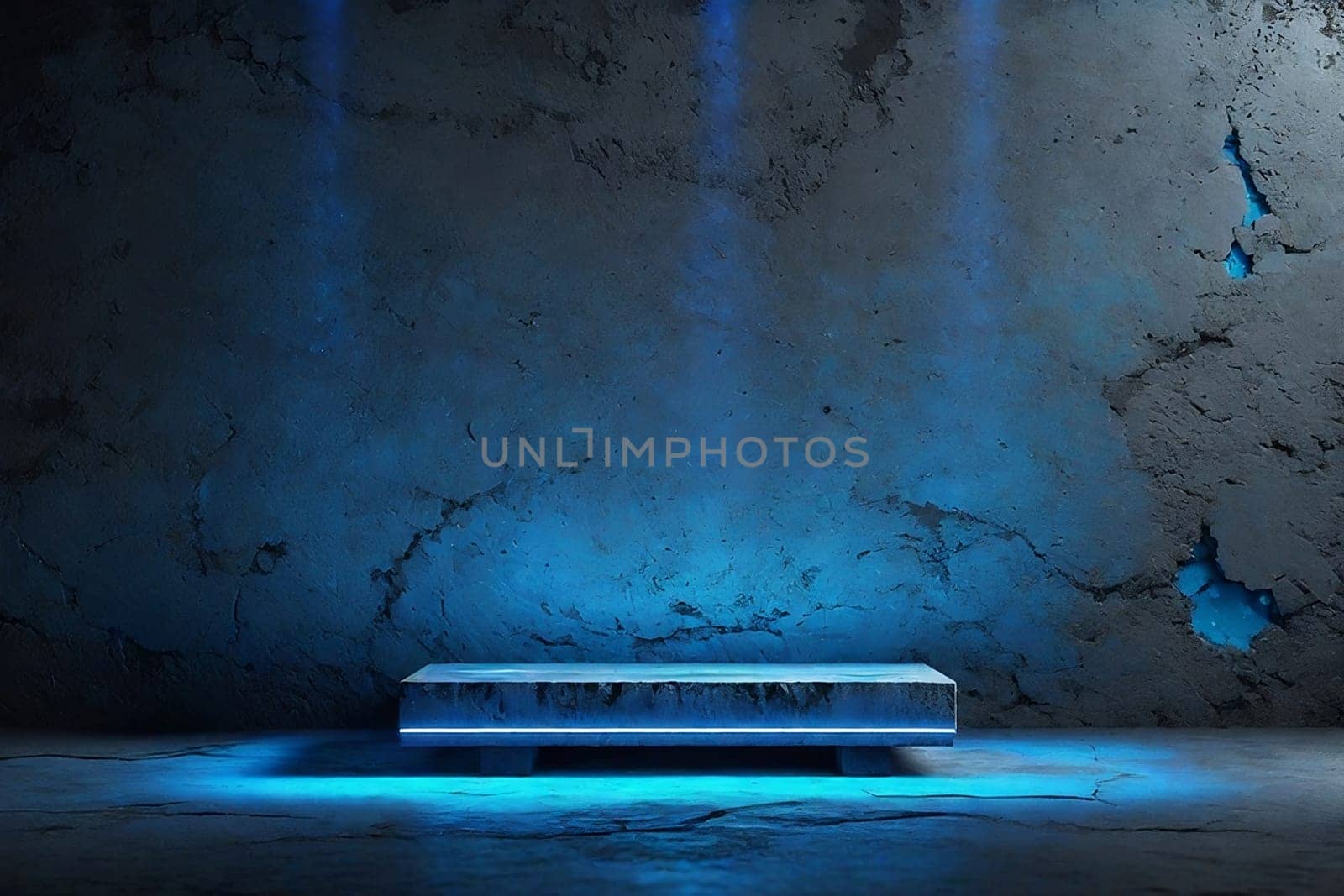 An Empty Scene with a Blue Cyan Light Shines on a Concrete Wall Surface, Volumetric Lighting, 3D Vray Tracing, Dark Grunge Background for Display Products