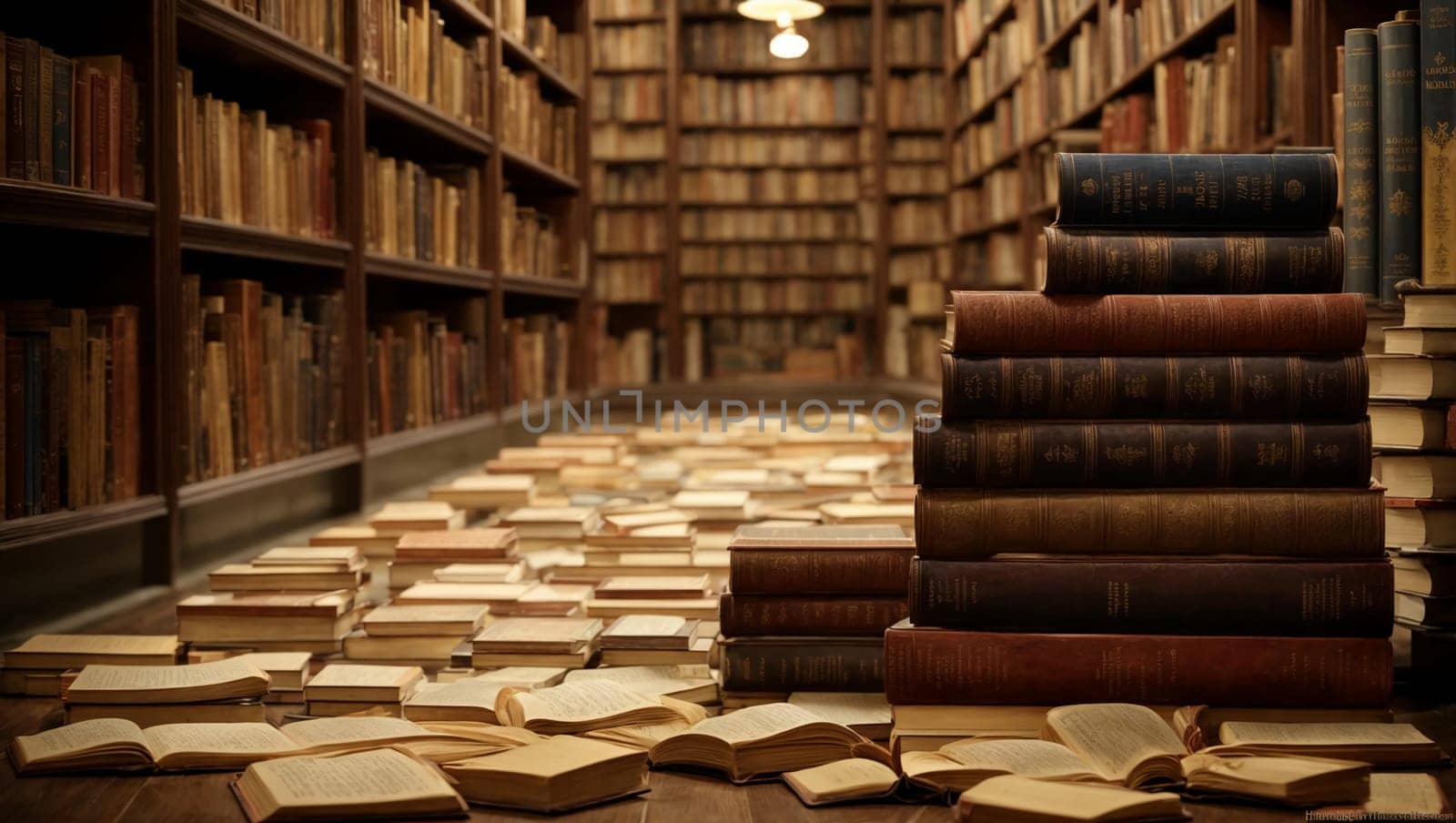 The books are stacked on the floor in different order It seems that their location is well thought out and scrupulously organized. Each book lies next to the other with the diligence of a knowledge seeker, creating a harmonious symphony of literary works.
