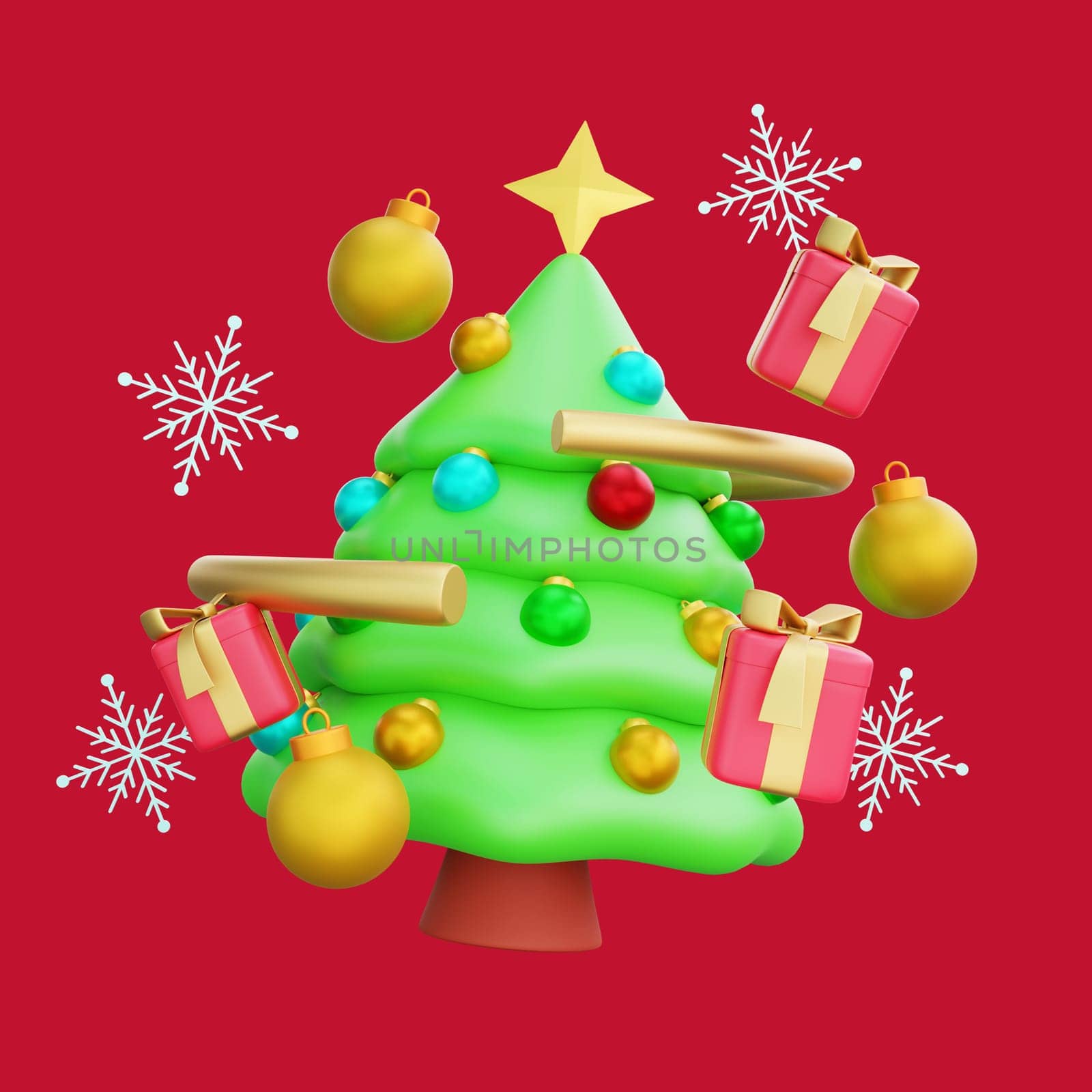 3D illustration of Christmas tree adorned with colorful ornaments and gifts. The tree, set against a snowy white background with blue snowflakes, creates a captivating holiday scene. Perfect for Christmas and Happy New Year celebrations