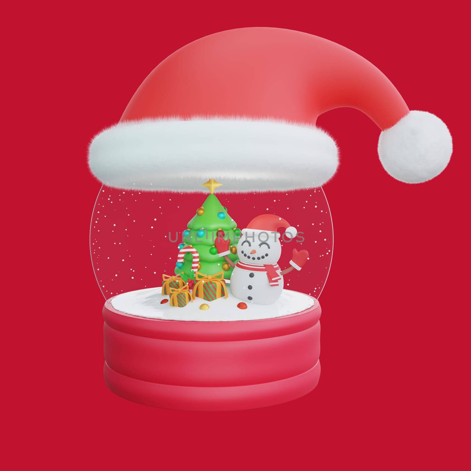 3D illustration of a Christmas snow globe topped with a red Santa hat. Inside the globe, a Christmas tree, a cheerful snowman, and colorful presents create a charming holiday scene. Perfect for Christmas and Happy New Year celebrations
